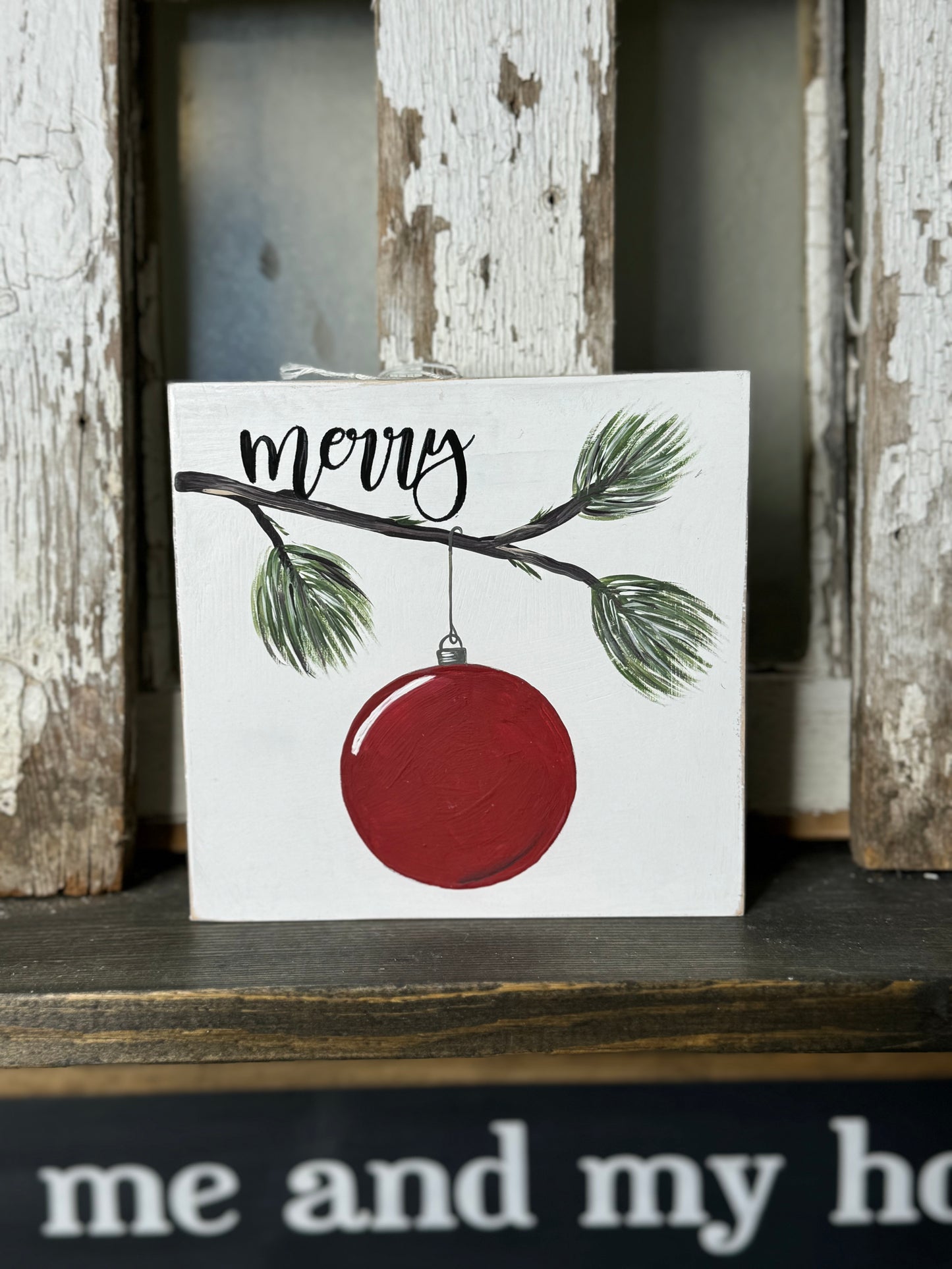 FALL BUCKET LIST/RED ORNAMENT ON PINE BRANCH - WOOD SIGN