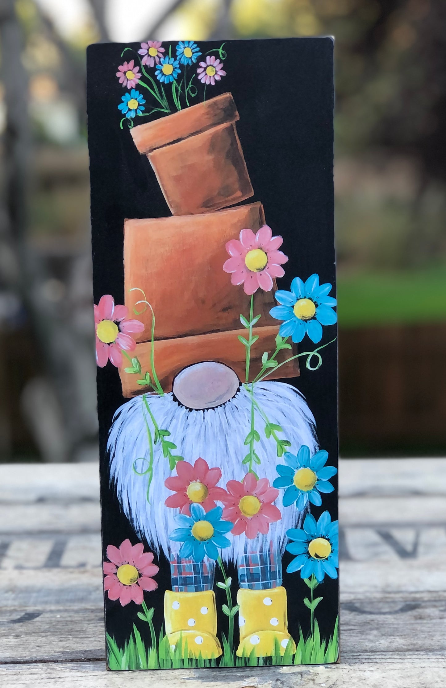 SNOW WITH SNOWMAN FACE DOUBLE SIDED SIGN W/ GNOME WITH FLOWER POT HAT- WOOD SIGN