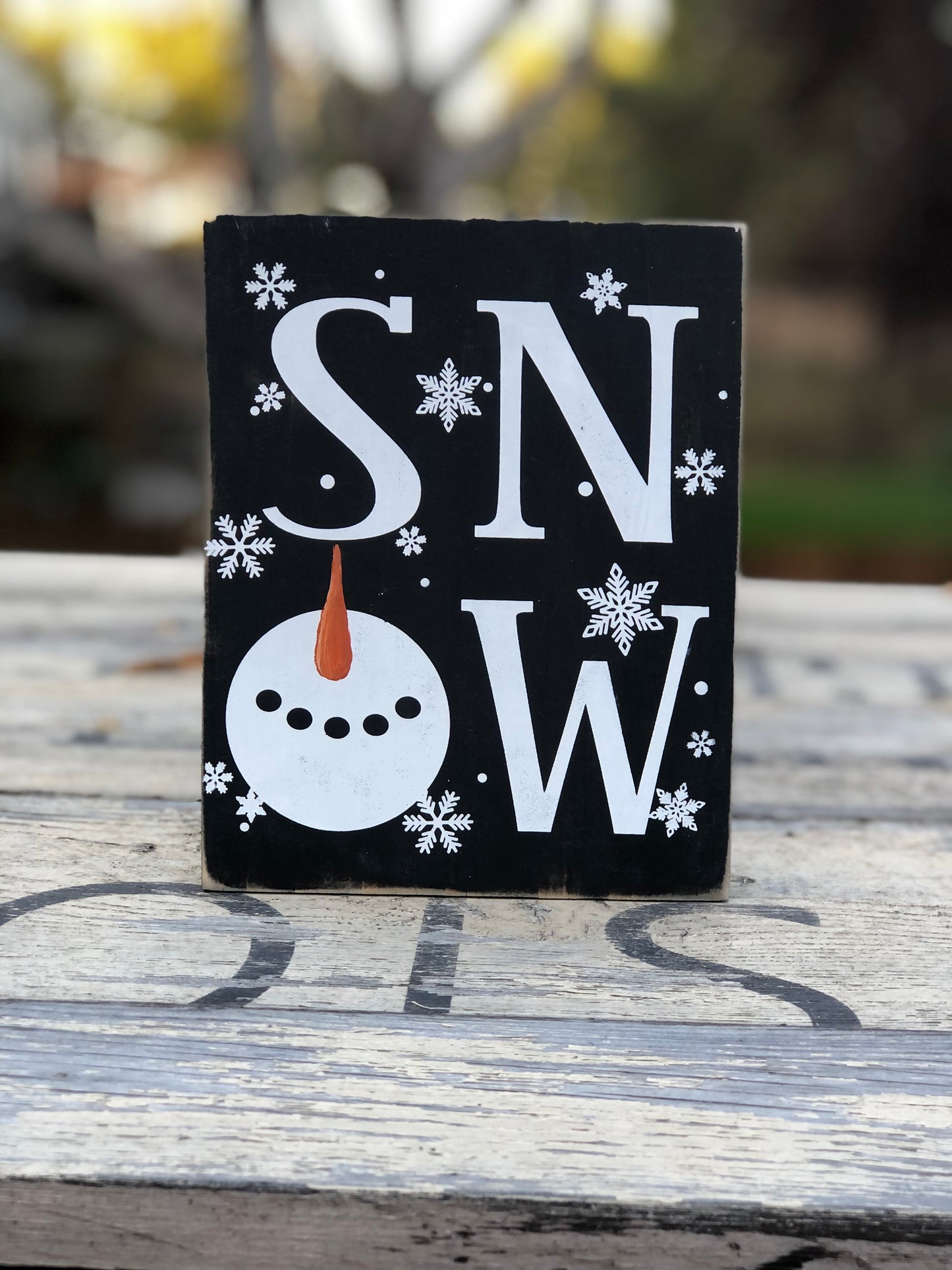 SNOWMAN PAINTED DOUBLE SIDED WITH GNOME PRINT - BLUE FLORAL AND WHITE DAISY FLORAL GNOME WITH POT HAT - WOOD SIGN