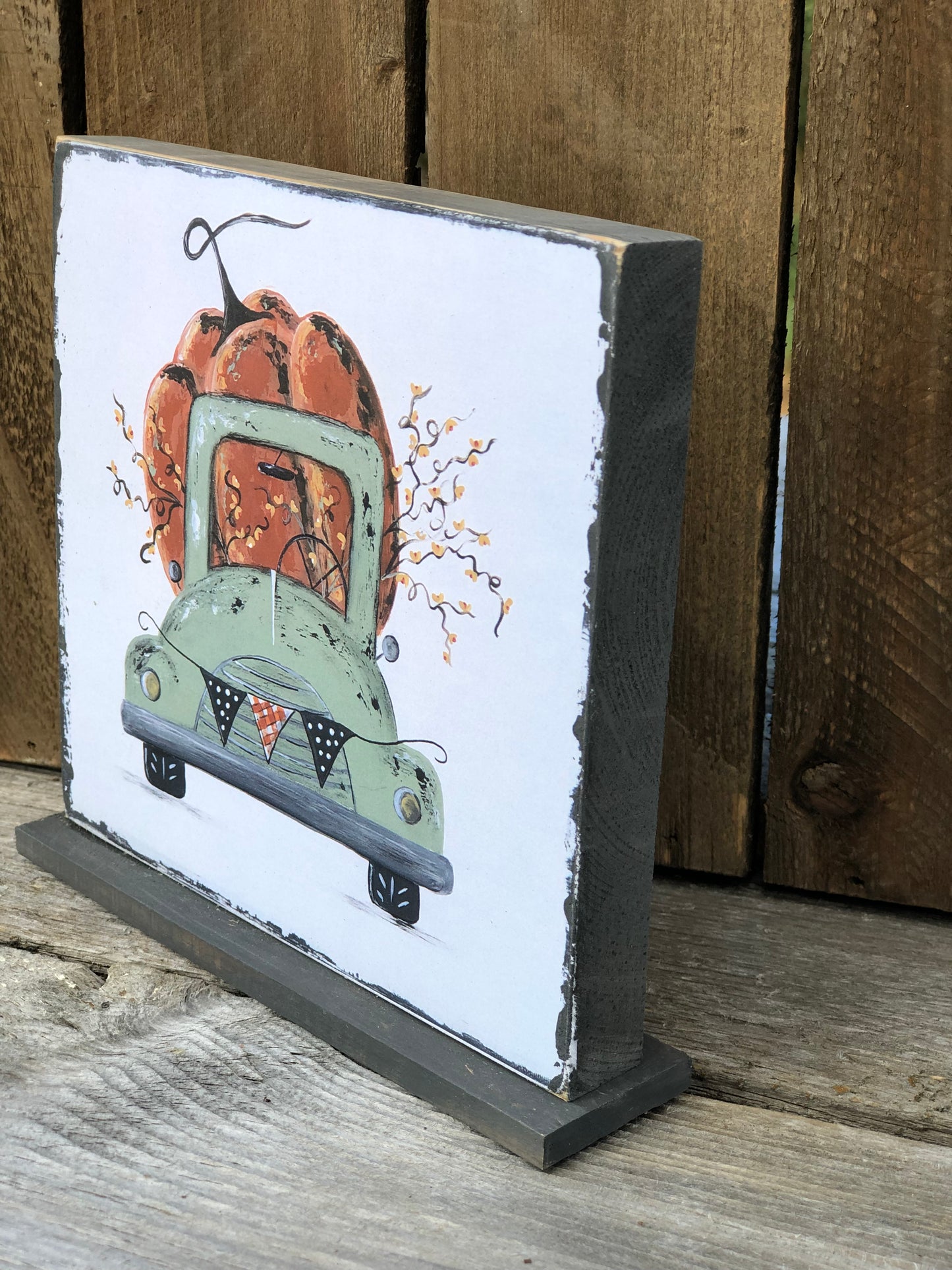 TRUCK -5.75 IN. SAGE TRUCK WITH PUMPKIN PRINT ON STAND - WOOD SIGN