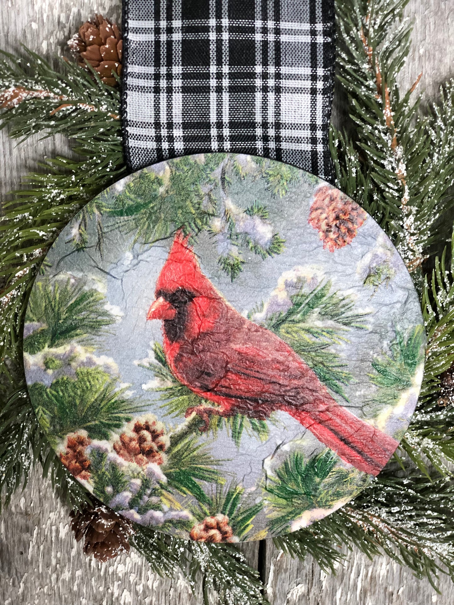 CHRISTMAS WREATH WITH CARDINAL ORNAMENT AND BLACK AND WHITE CHECKERED RIBBON -CHRISTMAS DECOR-LIMITED EDITION