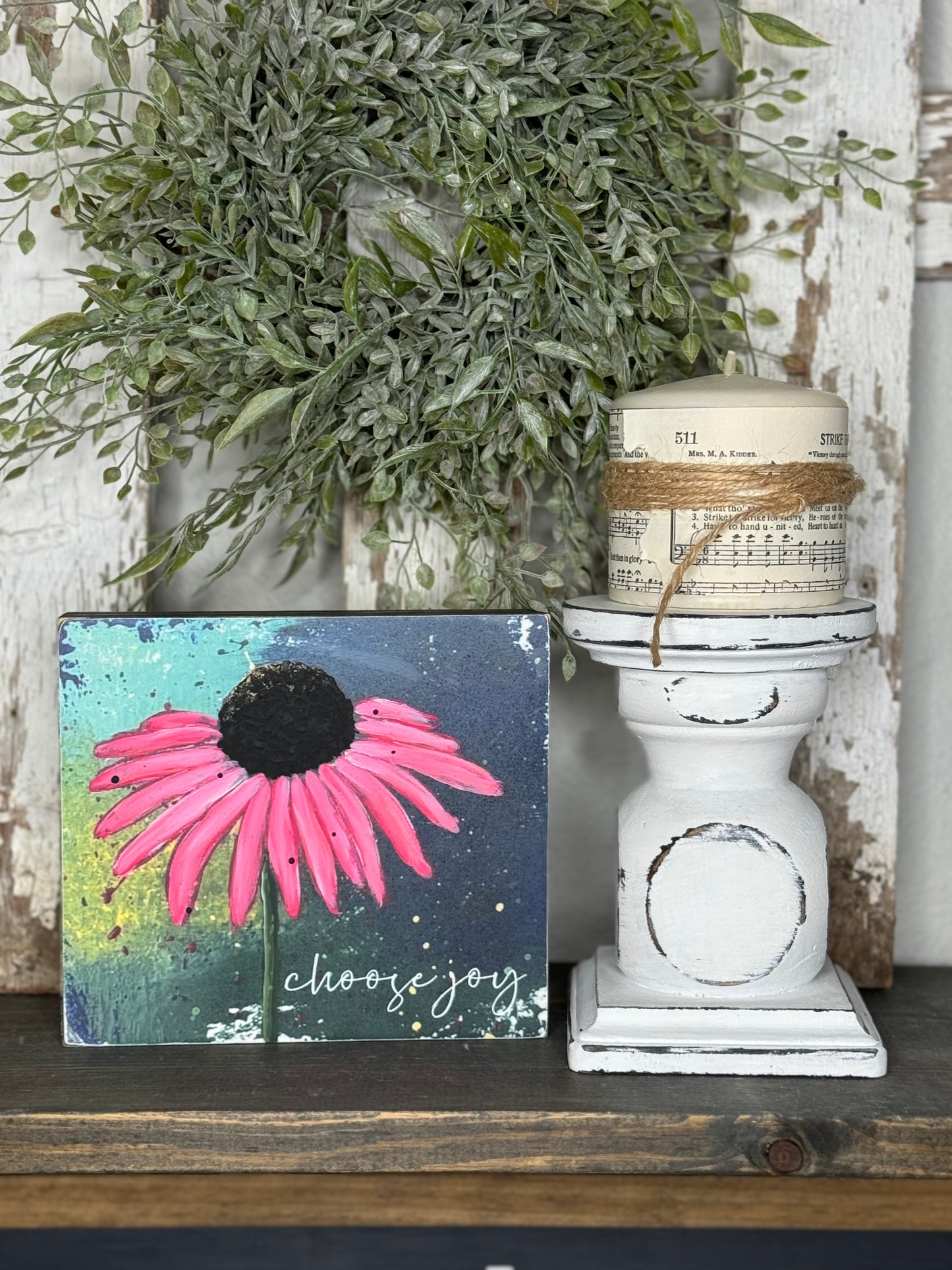 HAND PAINTED CONEFLOWER SIGN - MIXED MEDIA FLORAL PAINTING ON PRINTED BACKGROUND, UNIQUE FLOWER ARTWORK FOR SHELF OR MANTEL