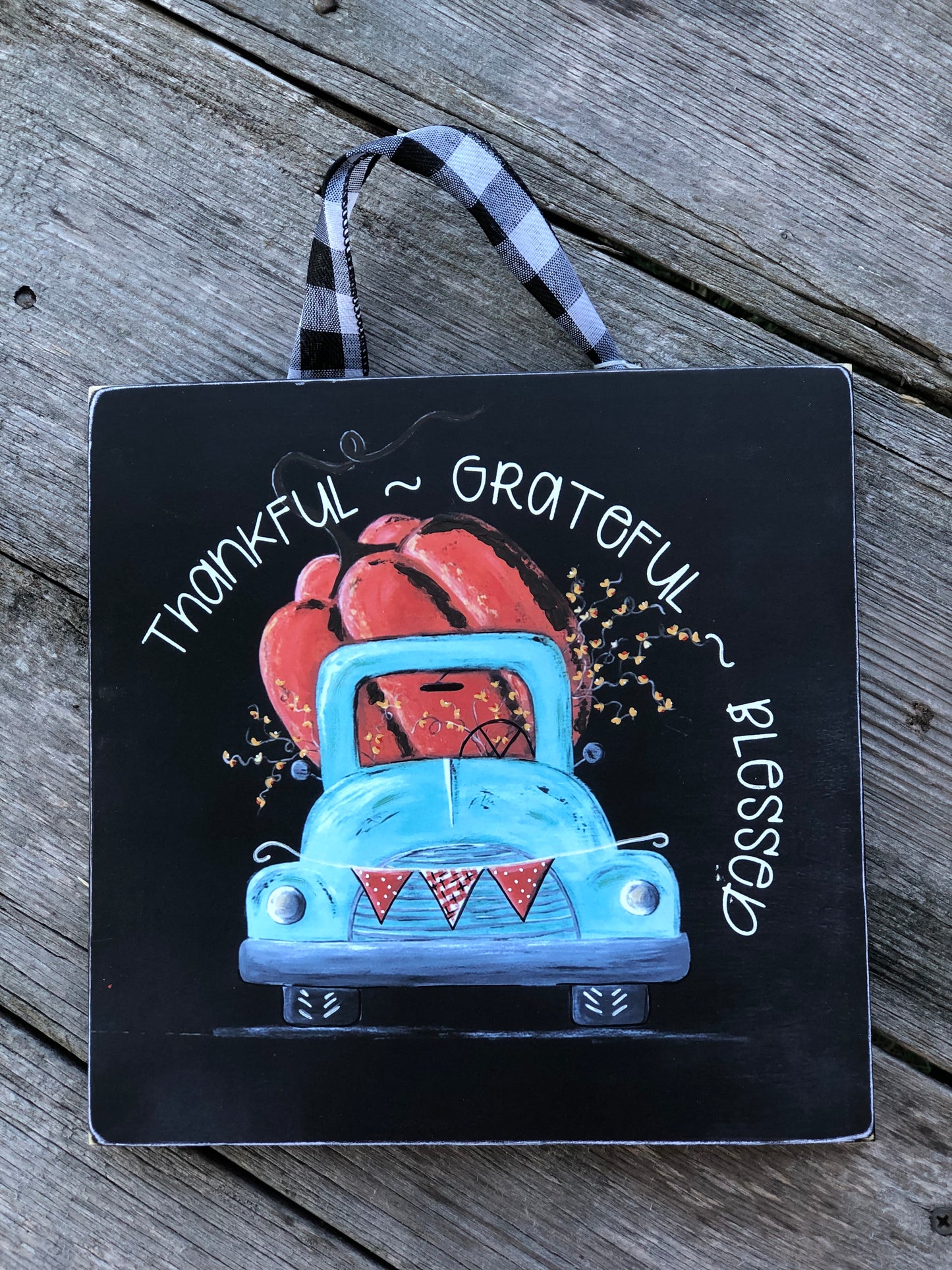 TRUCK -9.25 IN. SKY BLUE TRUCK WITH PUMPKIN PRINT - WOOD SIGN