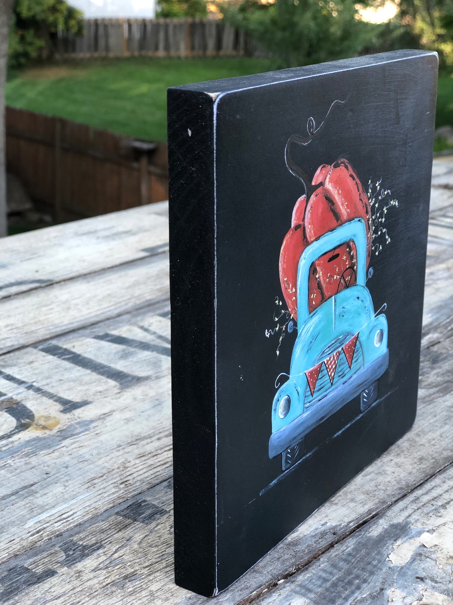 TRUCK -7.25 IN. SKY BLUE WITH PUMPKIN PRINT - WOOD SIGN