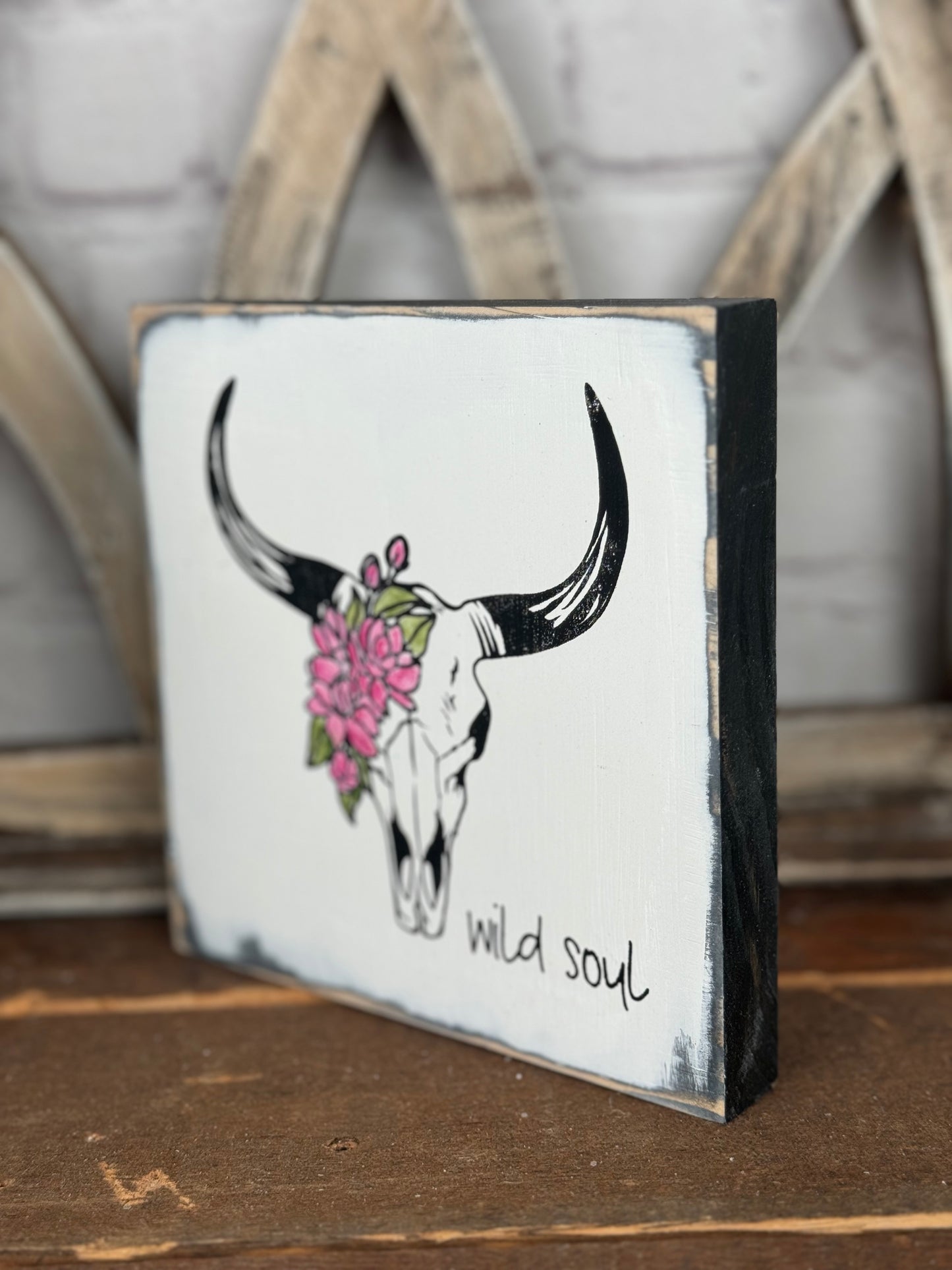 COW SKULL WITH FLOWERS WILD SOUL -WOOD SIGN