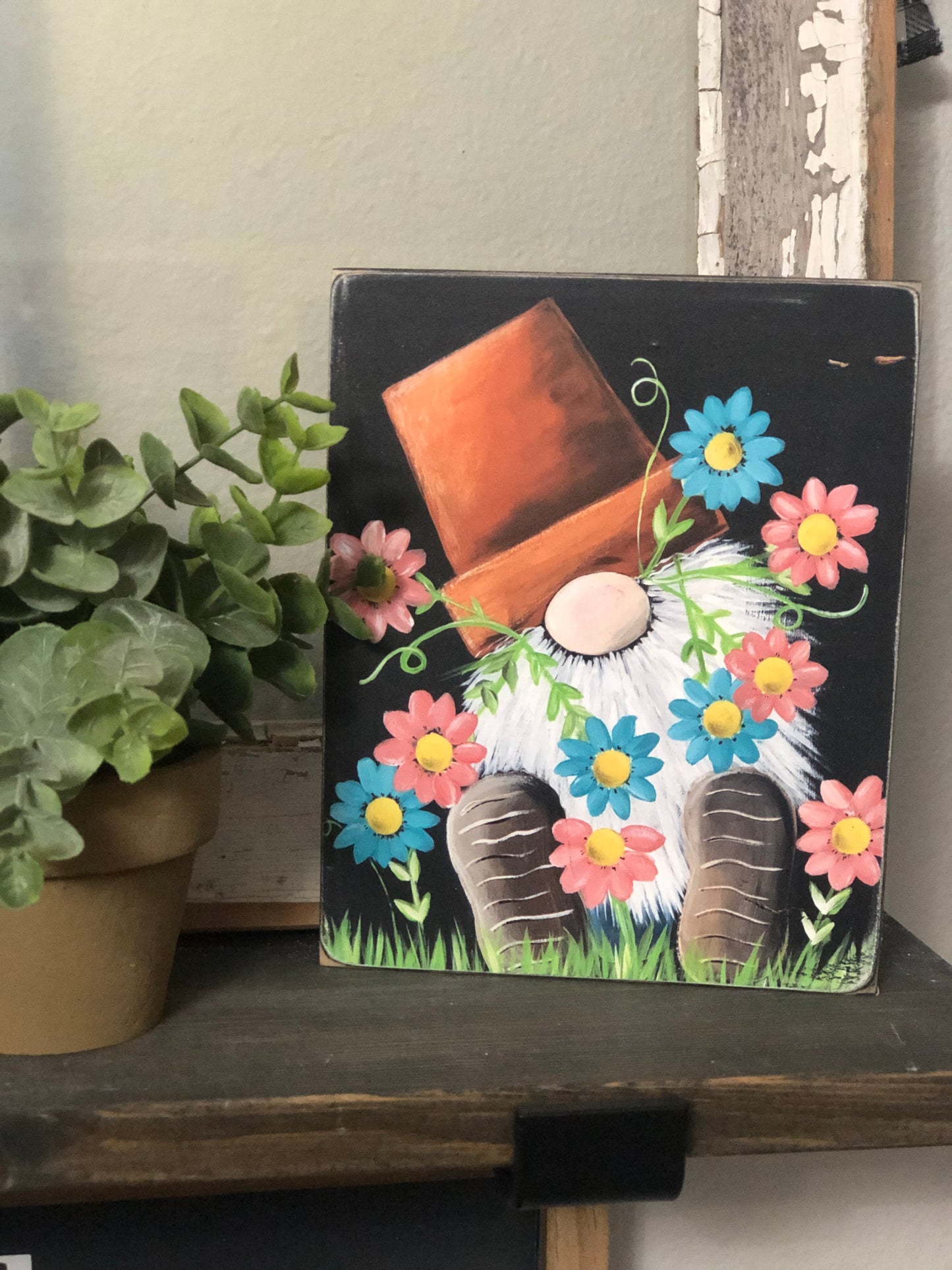 GNOME PRINT - BLUE AND PINK FLORAL POTHEAD - WOOD SIGN