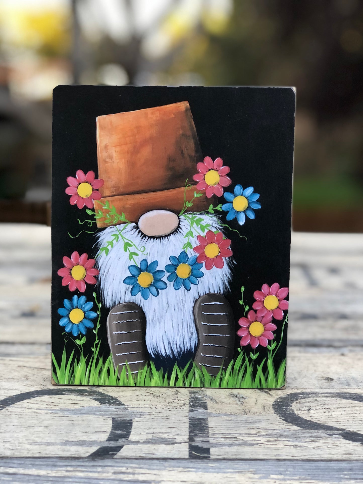 GNOME PRINT - BLUE FLORAL AND BRIGHT PINK FLORAL GNOME WITH POT HAT - WOOD SIGN