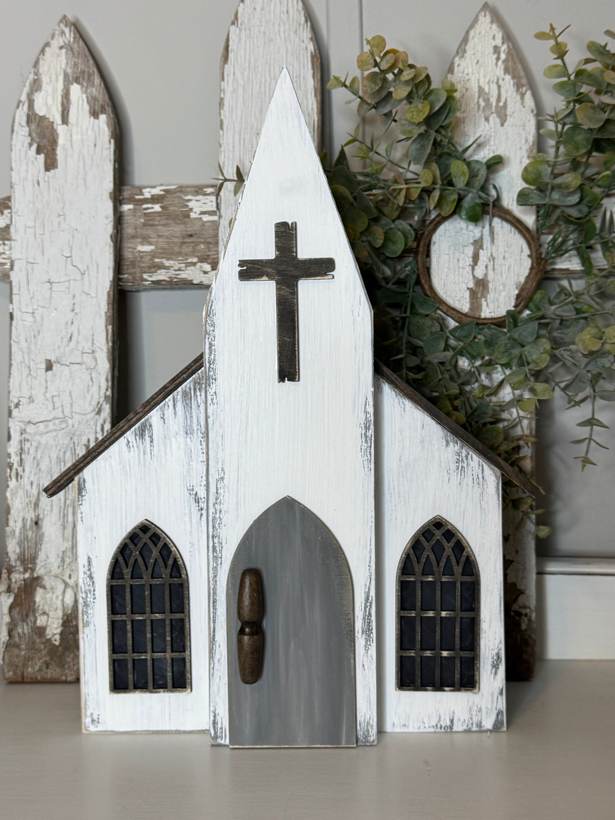 A HANDMADE WOODEN CHURCH- 3D LASER CUT ELEMENTS, ANTIQUED DOORS, DRY-BRUSHED FINISH