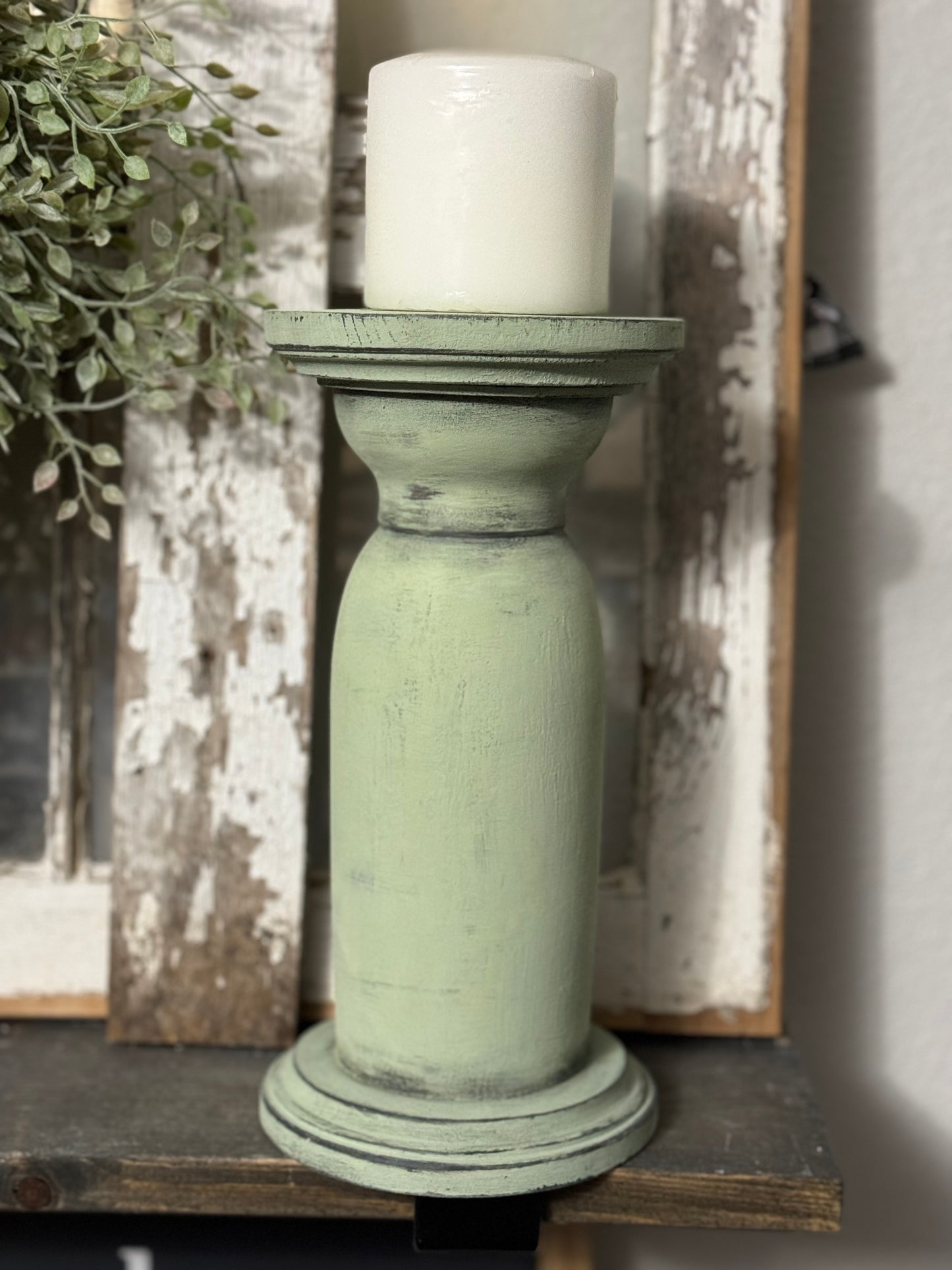 HANDMADE REPURPOSED WOOD CANDLE HOLDER  – UPCYCLED BED POST, TABLE LEG OR BANNISTER, DISTRESSED FINISH - INCLUDES HYMNAL WRAPPED PILLAR CANDLE