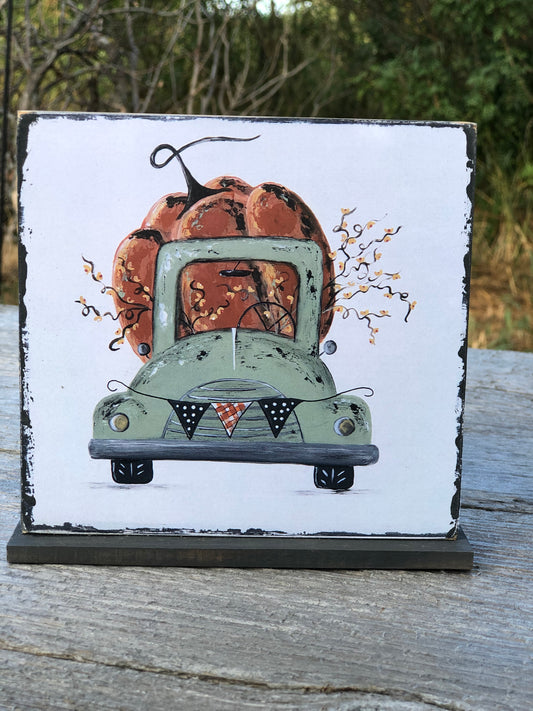 TRUCK -5.75 IN. SAGE TRUCK WITH PUMPKIN PRINT ON STAND - WOOD SIGN