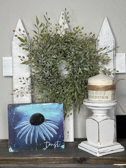 HAND PAINTED CONEFLOWER SIGN - MIXED MEDIA FLORAL PAINTING ON PRINTED BACKGROUND, UNIQUE FLOWER ARTWORK FOR SHELF OR MANTEL