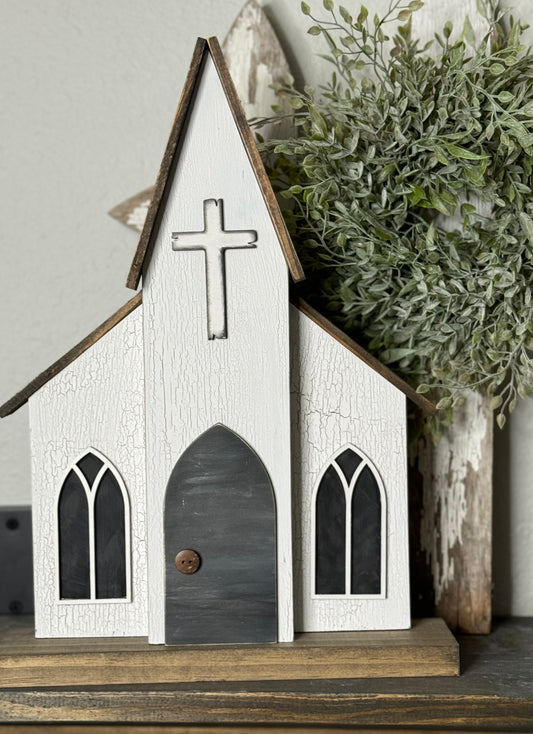 A HANDMADE WOODEN CHURCH- 3D LASER CUT ELEMENTS, ANTIQUED DOORS, CRACKLE OR  DRY-BRUSHED FINISH