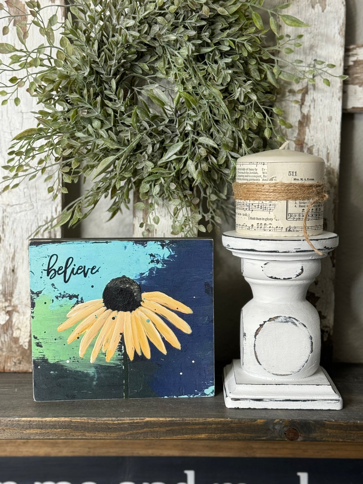 HAND PAINTED CONEFLOWER SIGN - MIXED MEDIA FLORAL PAINTING ON PRINTED BACKGROUND, UNIQUE FLOWER ARTWORK FOR SHELF OR MANTEL