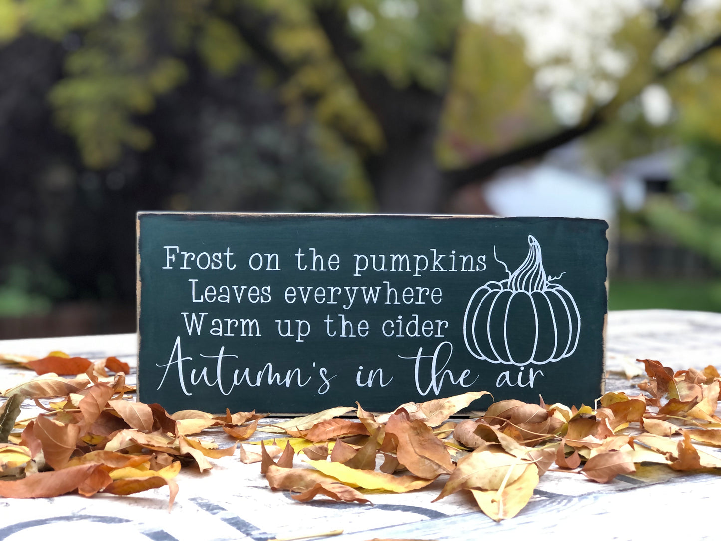 FROST ON THE PUMPKINS LEAVES EVERYWHERE WARM UP THE CIDER AUTUMN’S IN THE AIR WOOD SIGN