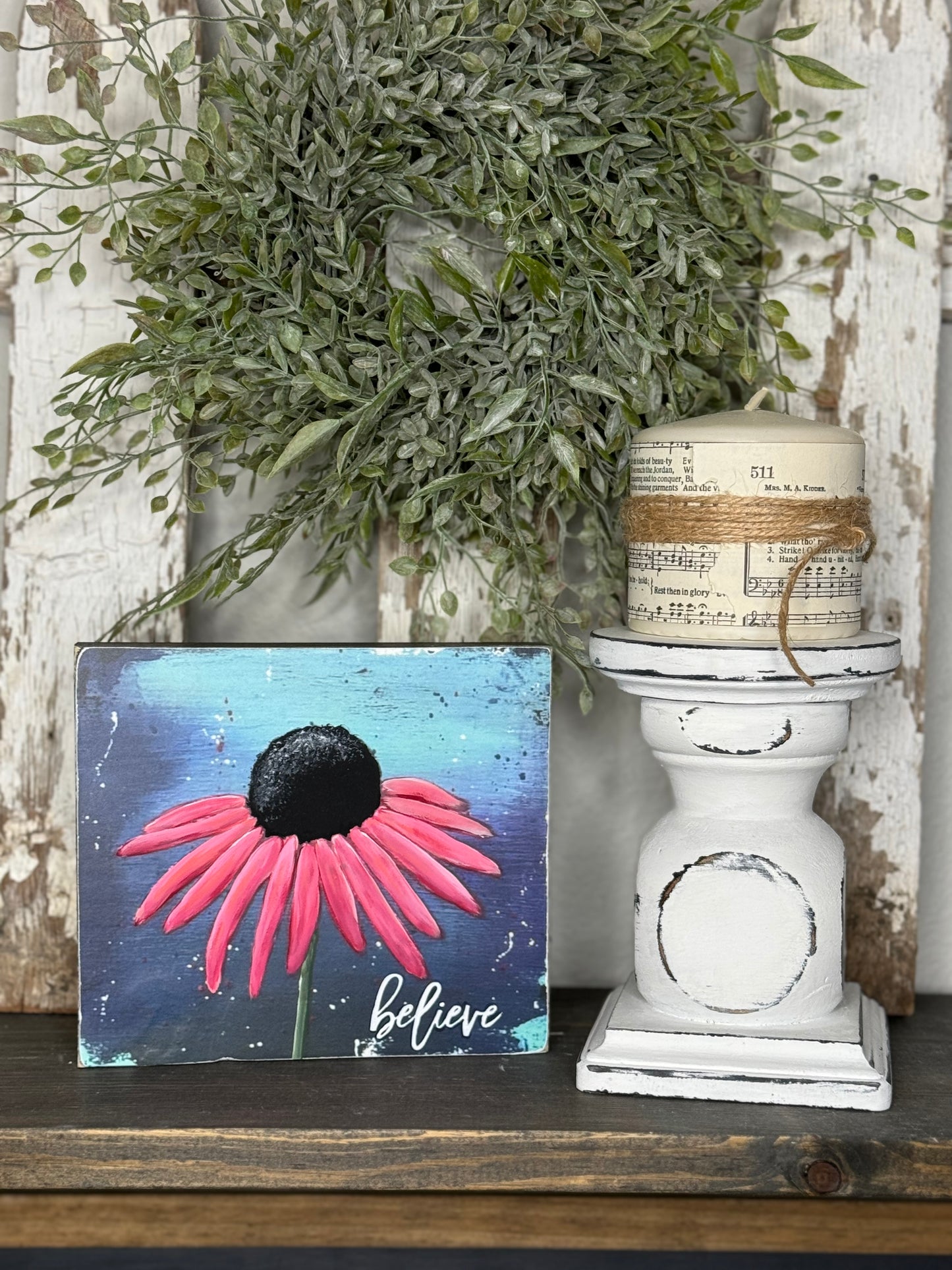 HAND PAINTED CONEFLOWER SIGN - MIXED MEDIA FLORAL PAINTING ON PRINTED BACKGROUND, UNIQUE FLOWER ARTWORK FOR SHELF OR MANTEL
