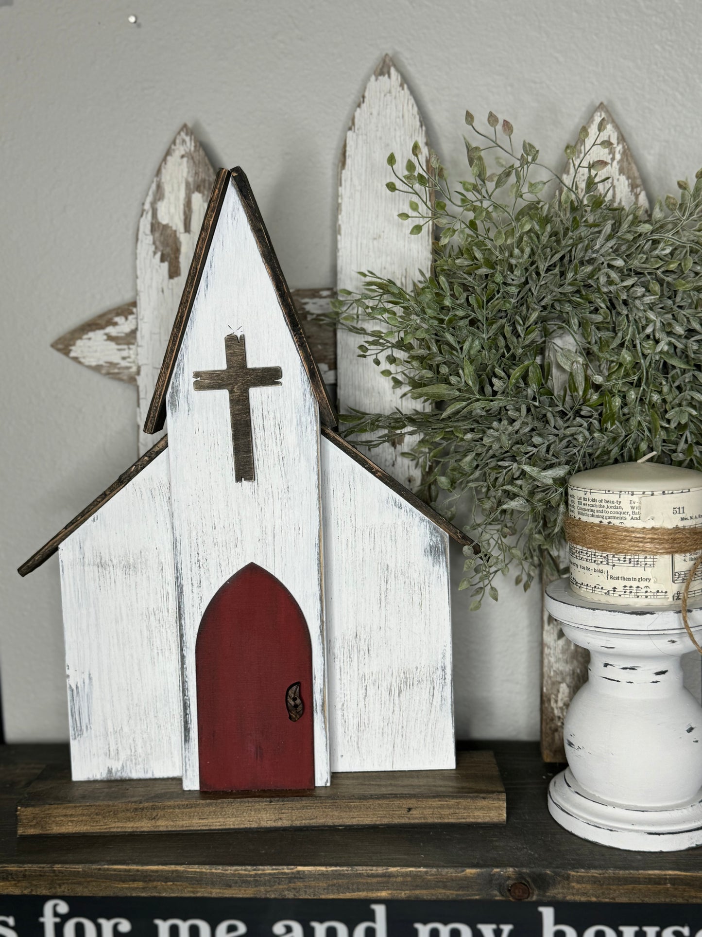 HANDMADE REPURPOSED WOOD CANDLE HOLDER  – UPCYCLED BED POST, TABLE LEG OR BANNISTER, DISTRESSED FINISH - INCLUDES HYMNAL WRAPPED PILLAR CANDLE