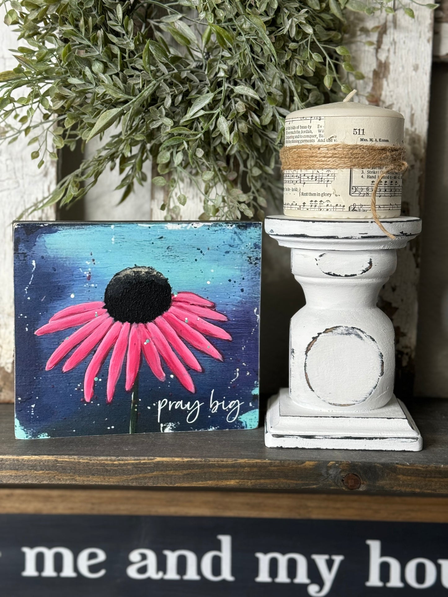 HAND PAINTED CONEFLOWER SIGN - MIXED MEDIA FLORAL PAINTING ON PRINTED BACKGROUND, UNIQUE FLOWER ARTWORK FOR SHELF OR MANTEL