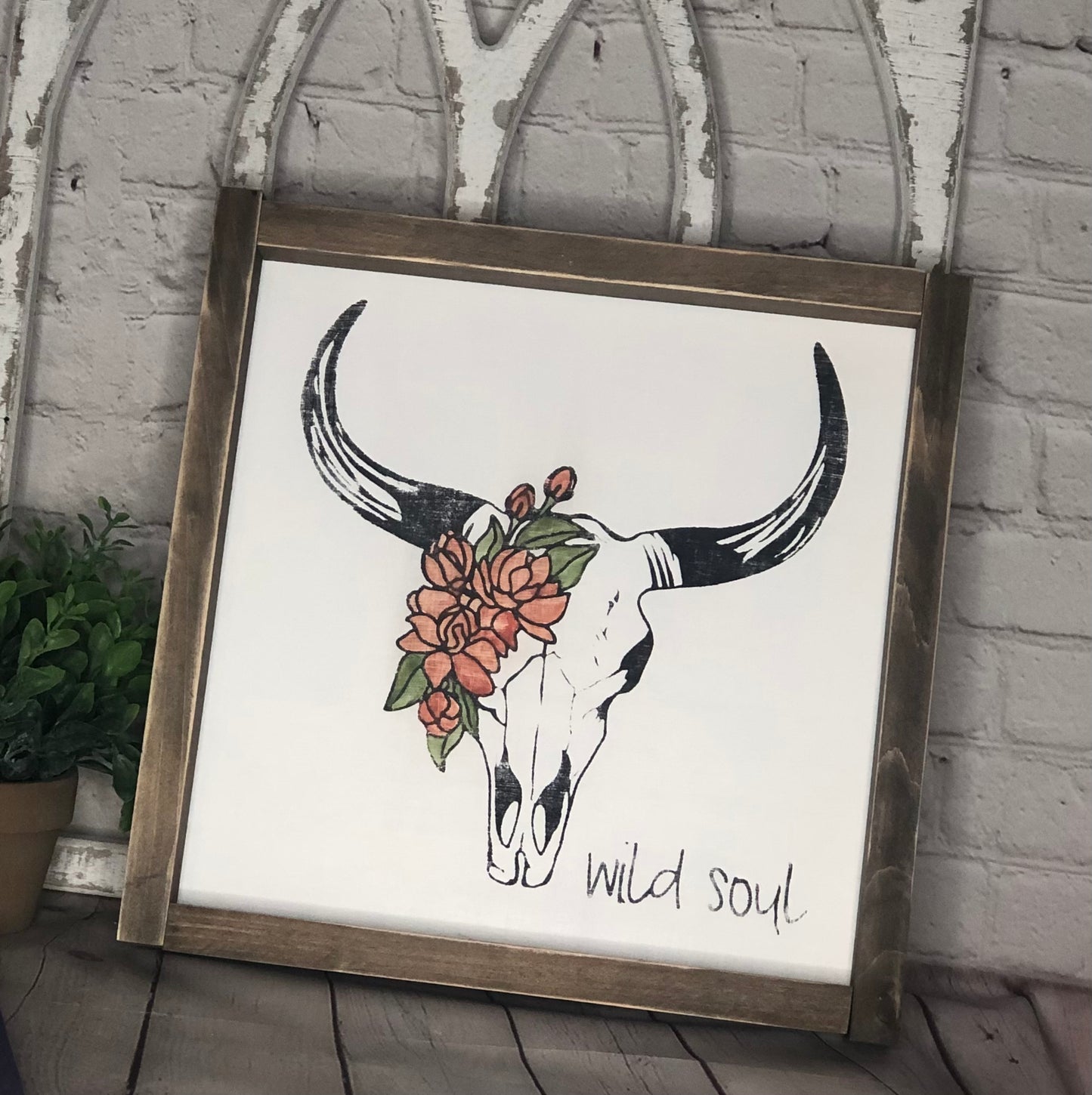 COW SKULL WITH FLOWERS WILD SOUL -FRAMED WOOD SIGN