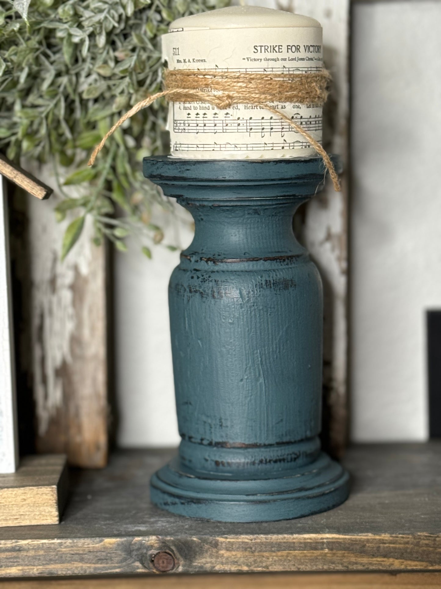 HANDMADE REPURPOSED WOOD CANDLE HOLDER  – UPCYCLED BED POST, TABLE LEG OR BANNISTER, DISTRESSED FINISH - INCLUDES HYMNAL WRAPPED PILLAR CANDLE