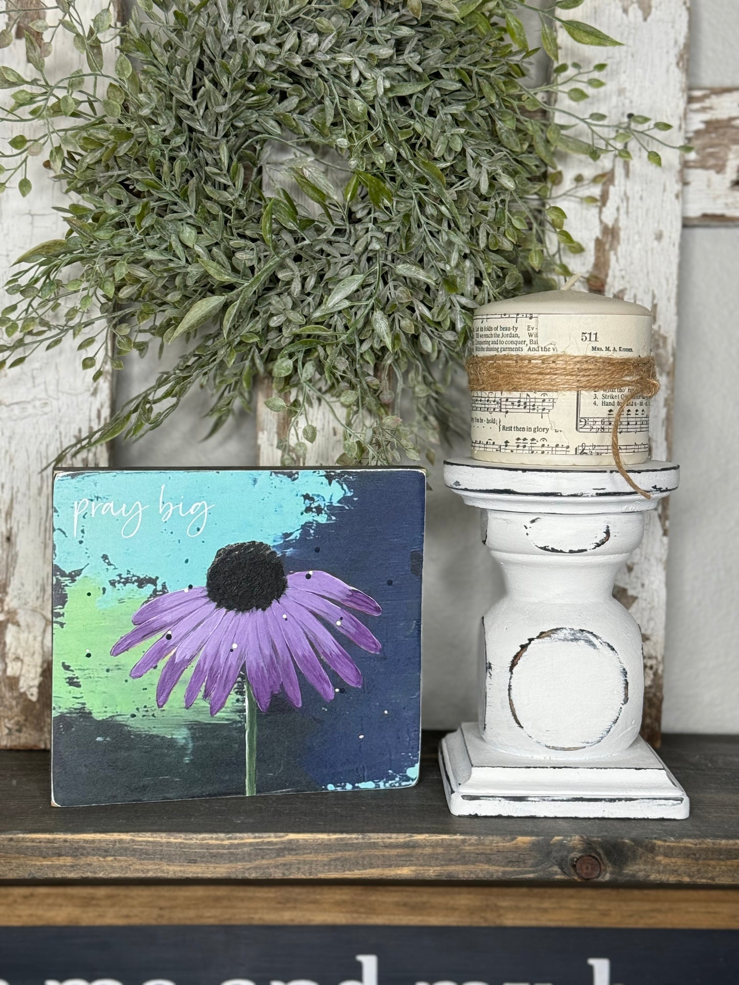 HAND PAINTED CONEFLOWER SIGN - MIXED MEDIA FLORAL PAINTING ON PRINTED BACKGROUND, UNIQUE FLOWER ARTWORK FOR SHELF OR MANTEL