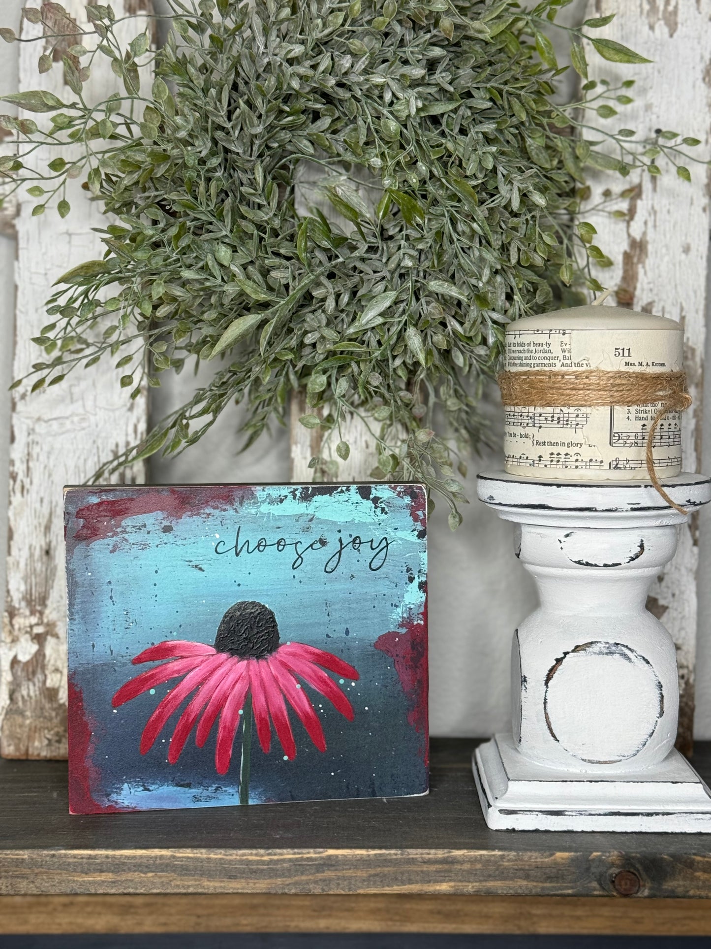 HAND PAINTED CONEFLOWER SIGN - MIXED MEDIA FLORAL PAINTING ON PRINTED BACKGROUND, UNIQUE FLOWER ARTWORK FOR SHELF OR MANTEL