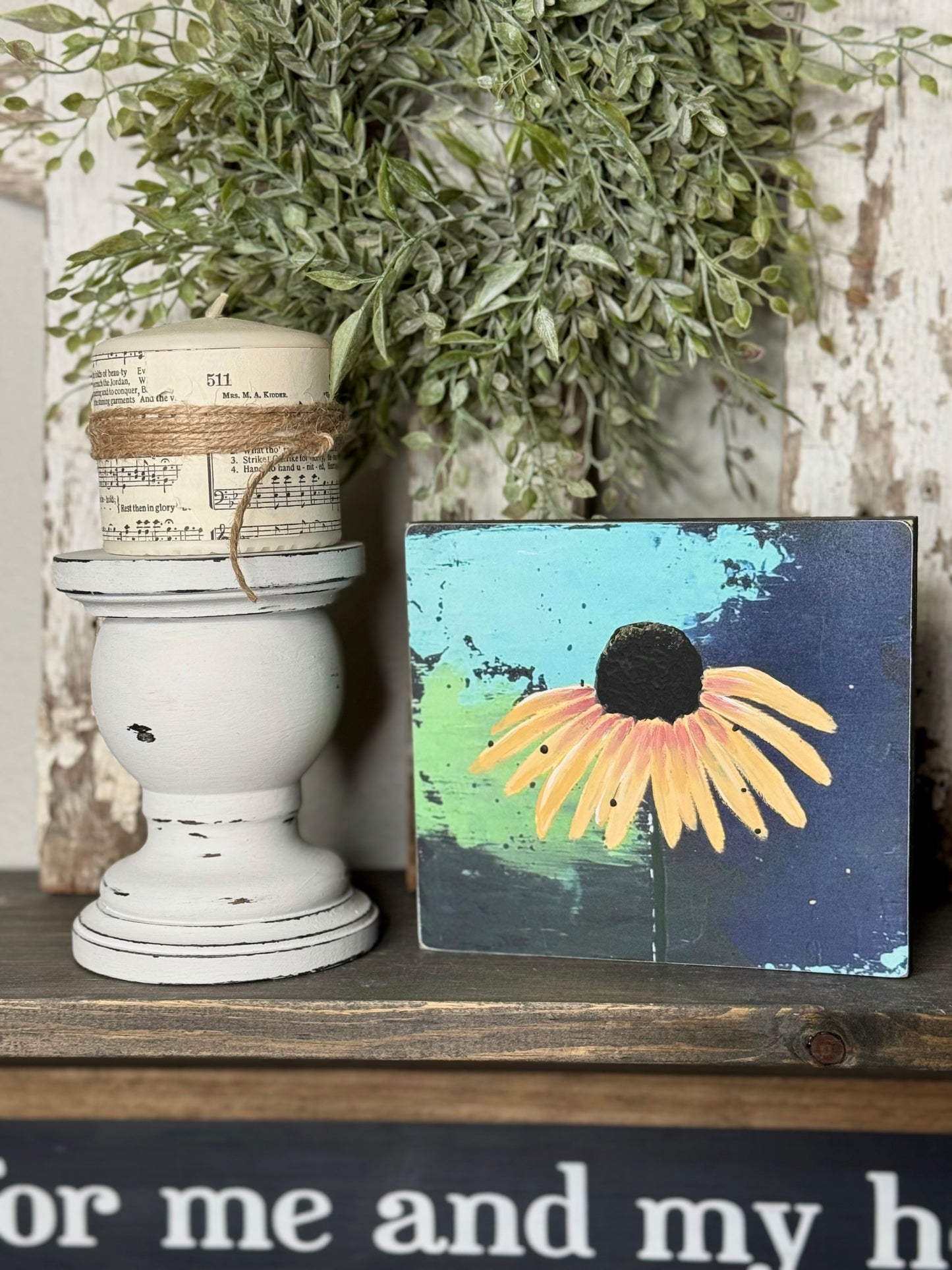 HAND PAINTED CONEFLOWER SIGN - MIXED MEDIA FLORAL PAINTING ON PRINTED BACKGROUND, UNIQUE FLOWER ARTWORK FOR SHELF OR MANTEL