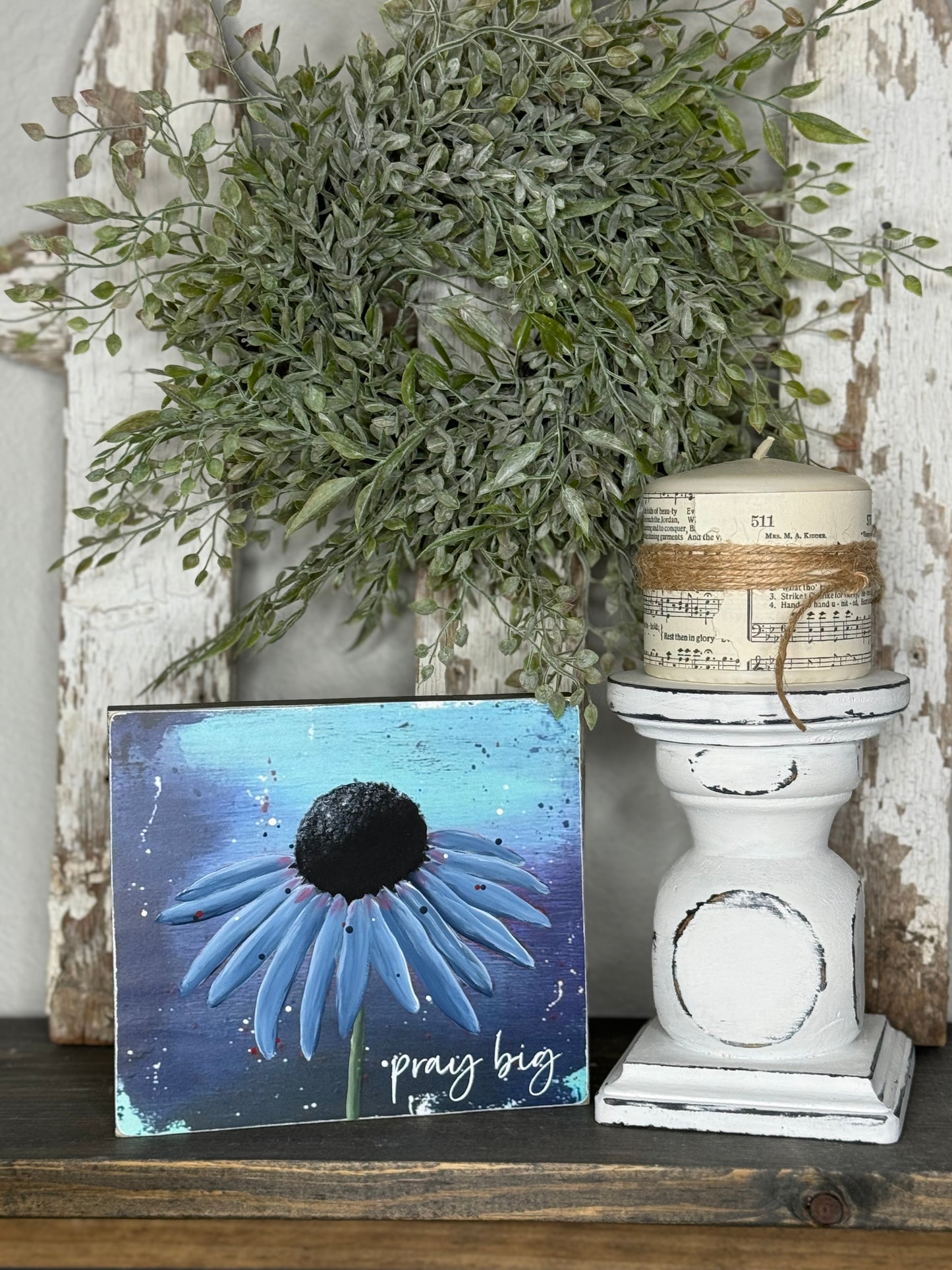 HAND PAINTED CONEFLOWER SIGN - MIXED MEDIA FLORAL PAINTING ON PRINTED BACKGROUND, UNIQUE FLOWER ARTWORK FOR SHELF OR MANTEL