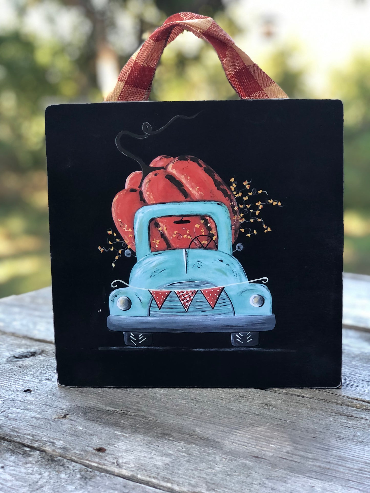 TRUCK -9.25 IN. SKY BLUE TRUCK WITH PUMPKIN PRINT - WOOD SIGN