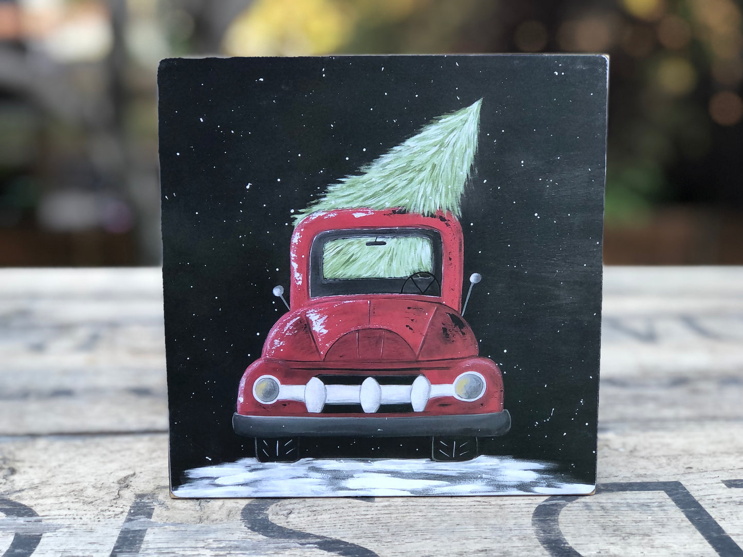 TRUCK -7.25 IN. RED TRUCK WITH CHRISTMAS TREE PRINT - DECOR