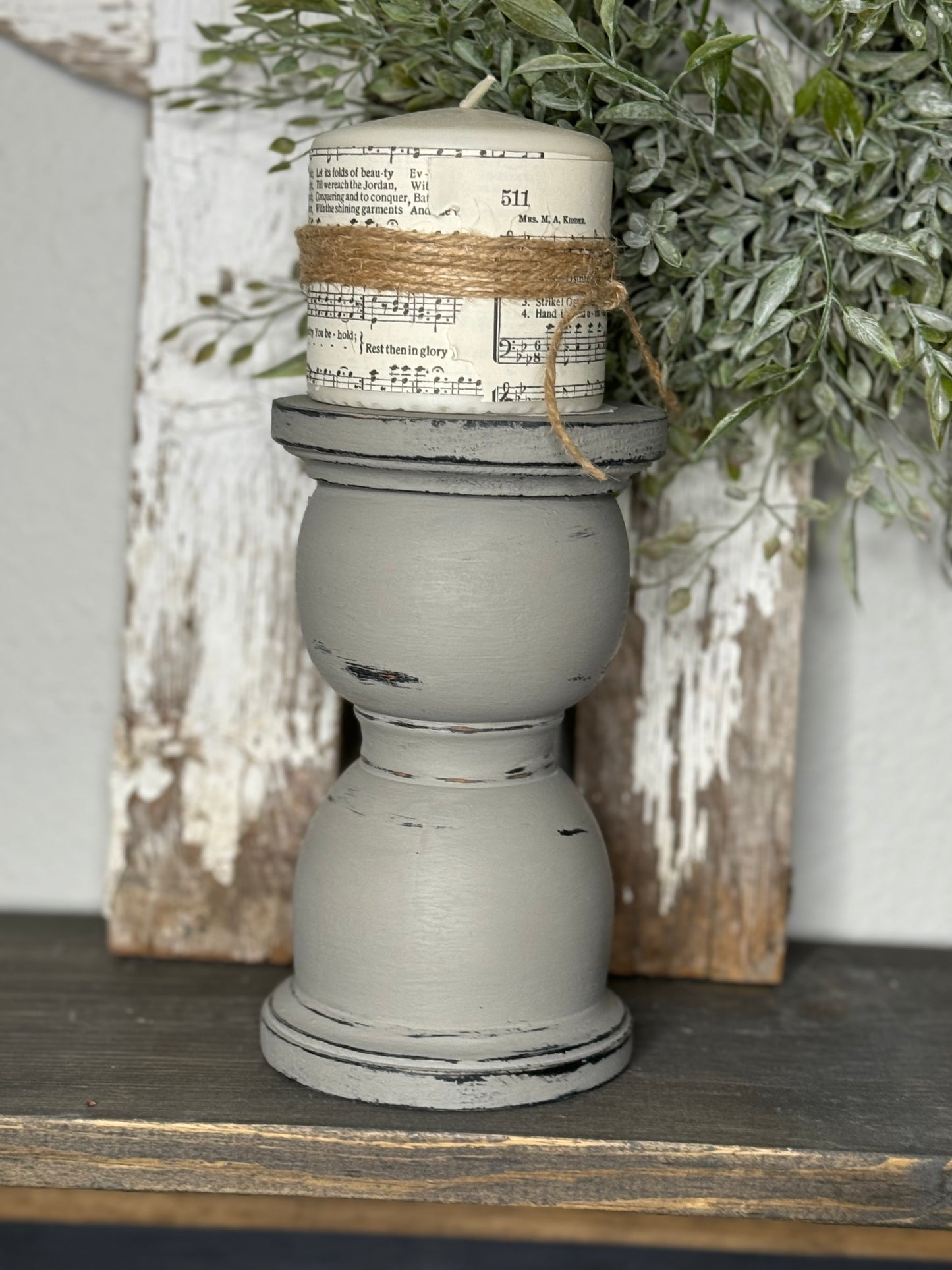 HANDMADE REPURPOSED WOOD CANDLE HOLDER  – UPCYCLED BED POST, TABLE LEG OR BANNISTER, DISTRESSED FINISH - INCLUDES HYMNAL WRAPPED PILLAR CANDLE