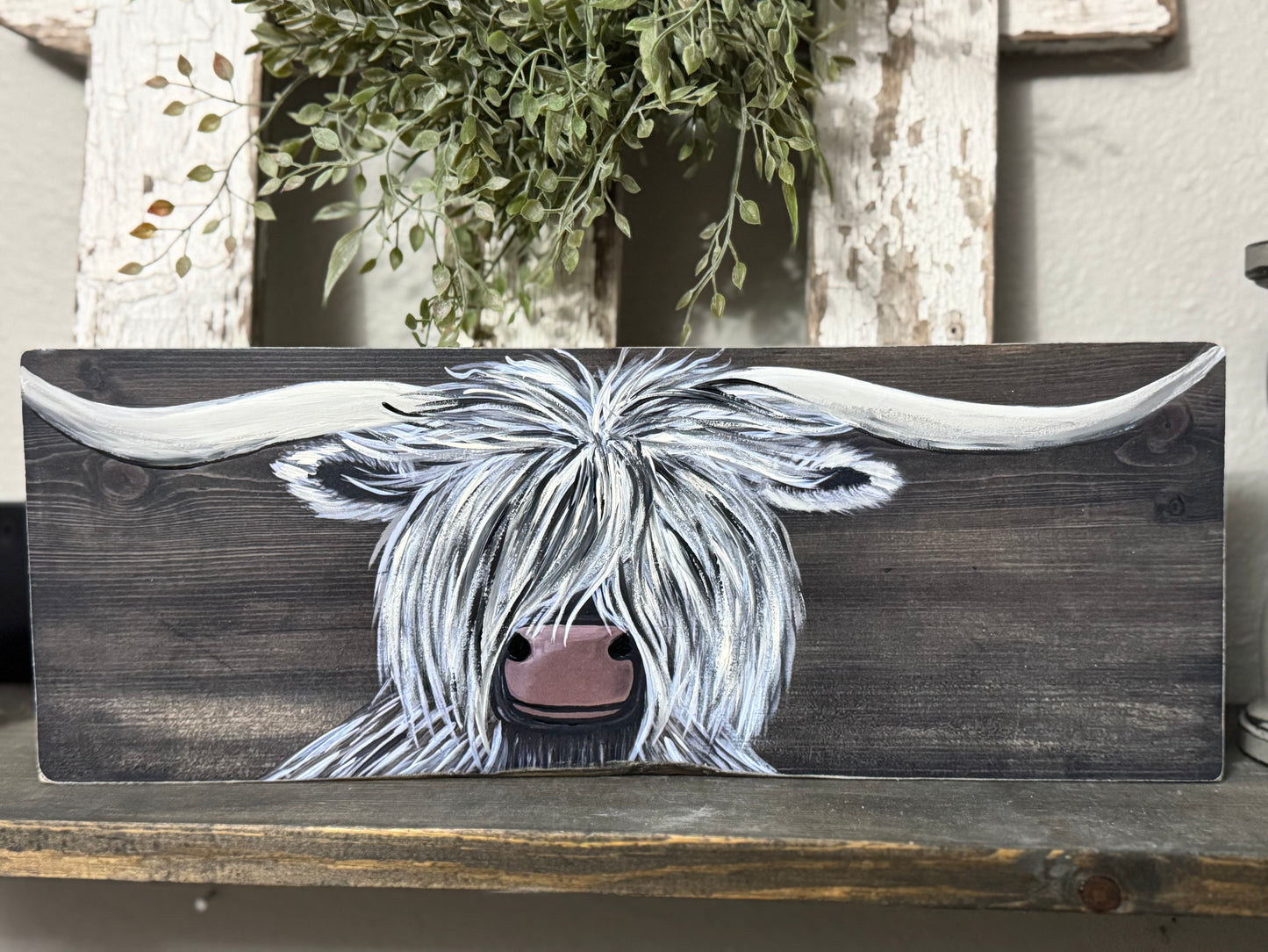 HIGHLANDER COW PRINT WITH HAND PAINTED EMBELLISHMENTS - WOOD SIGN