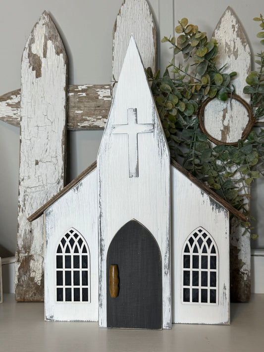 A HANDMADE WOODEN CHURCH- 3D LASER CUT ELEMENTS, ANTIQUED DOORS, DRY-BRUSHED FINISH