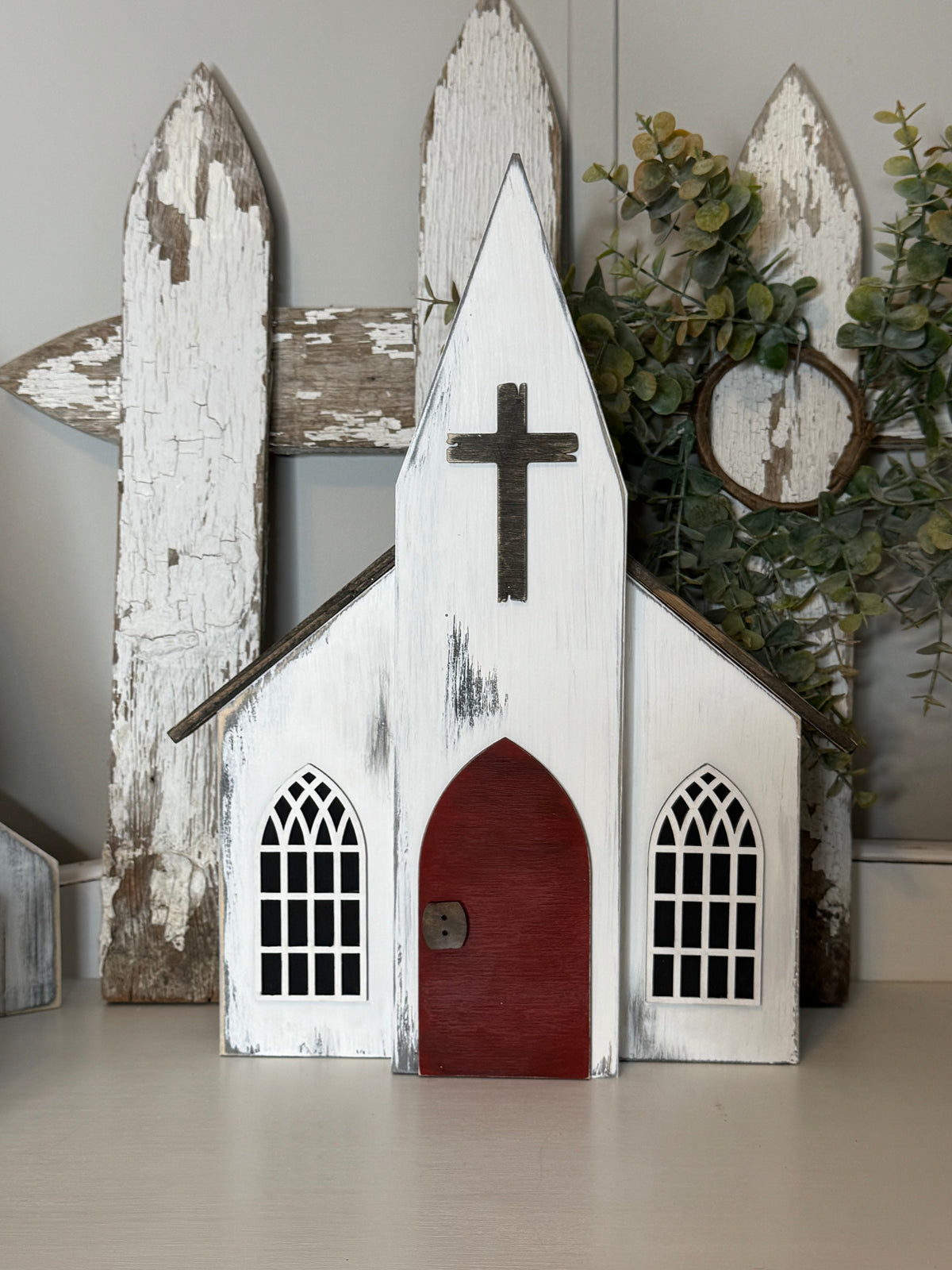 A HANDMADE WOODEN CHURCH- 3D LASER CUT ELEMENTS, ANTIQUED DOORS, DRY-BRUSHED FINISH