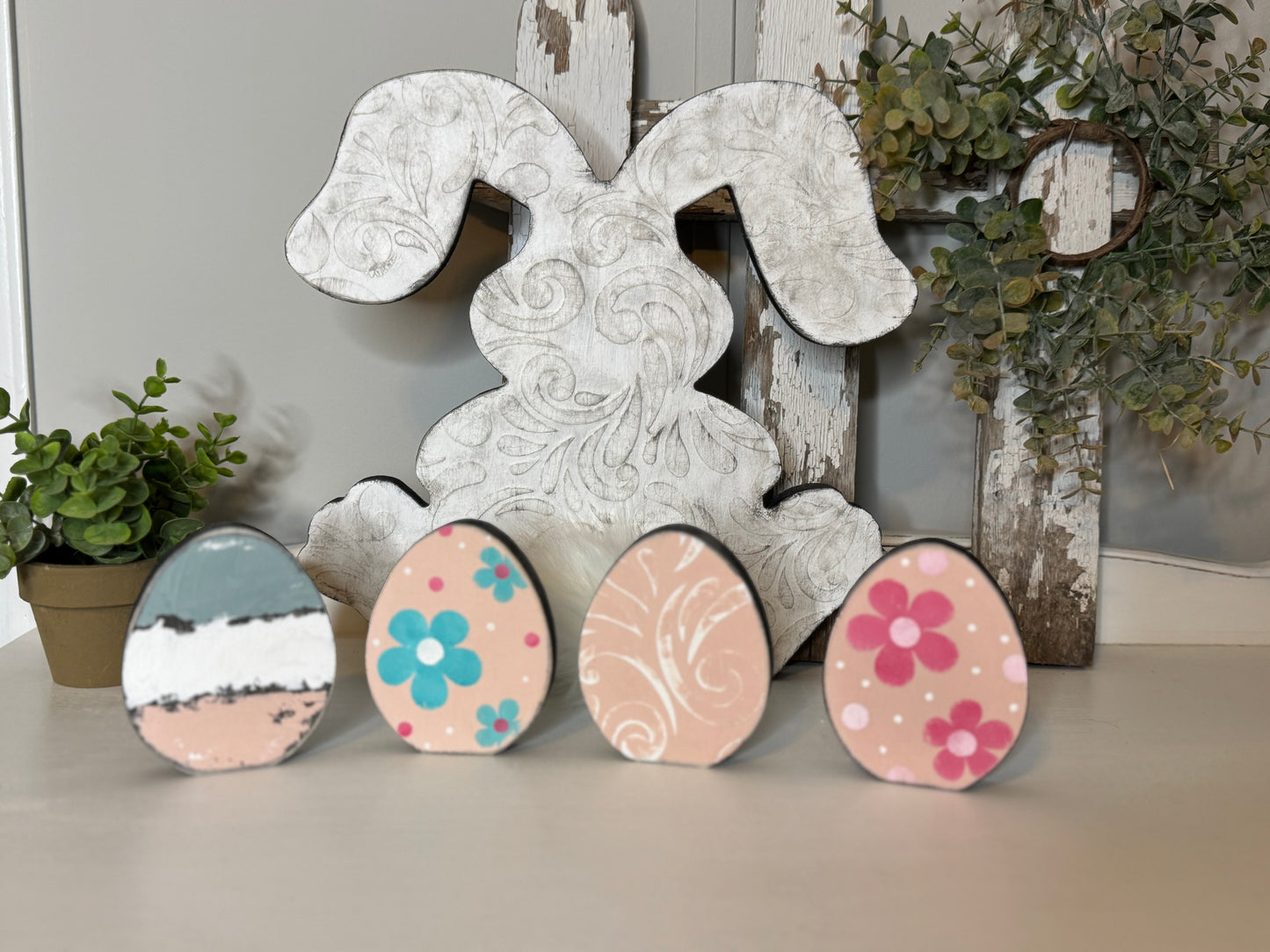 Hand-Painted Wooden Standing Easter Eggs – Unique Spring Decor, Tiered Tray & Easter Basket Filler