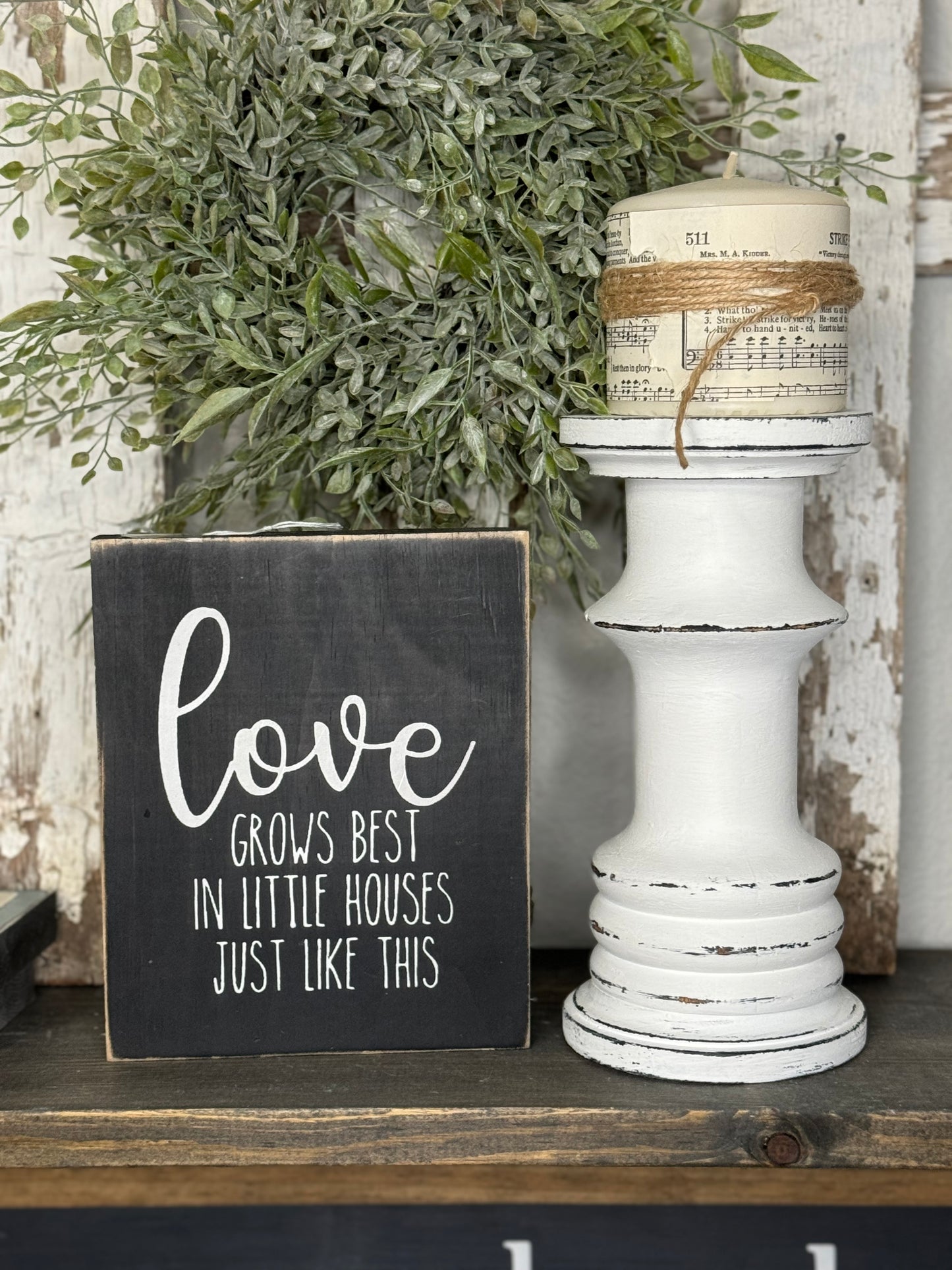 HANDMADE REPURPOSED WOOD CANDLE HOLDER  – UPCYCLED BED POST, TABLE LEG OR BANNISTER, DISTRESSED FINISH - INCLUDES HYMNAL WRAPPED PILLAR CANDLE