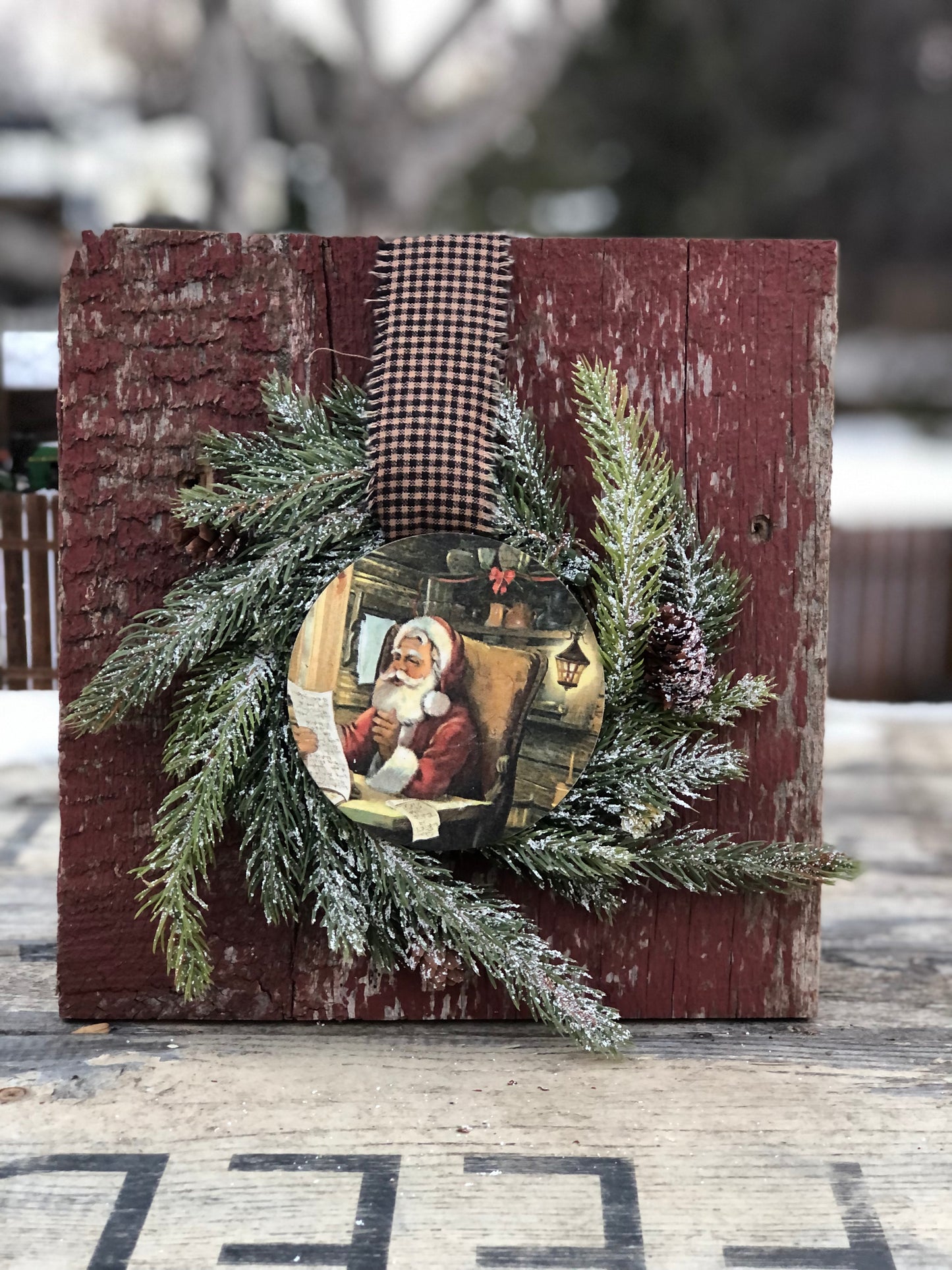 CHRISTMAS WREATH WITH SANTA ORNAMENT AND BLACK AND TAN GINGHAM RIBBON -CHRISTMAS DECOR-LIMITED EDITION