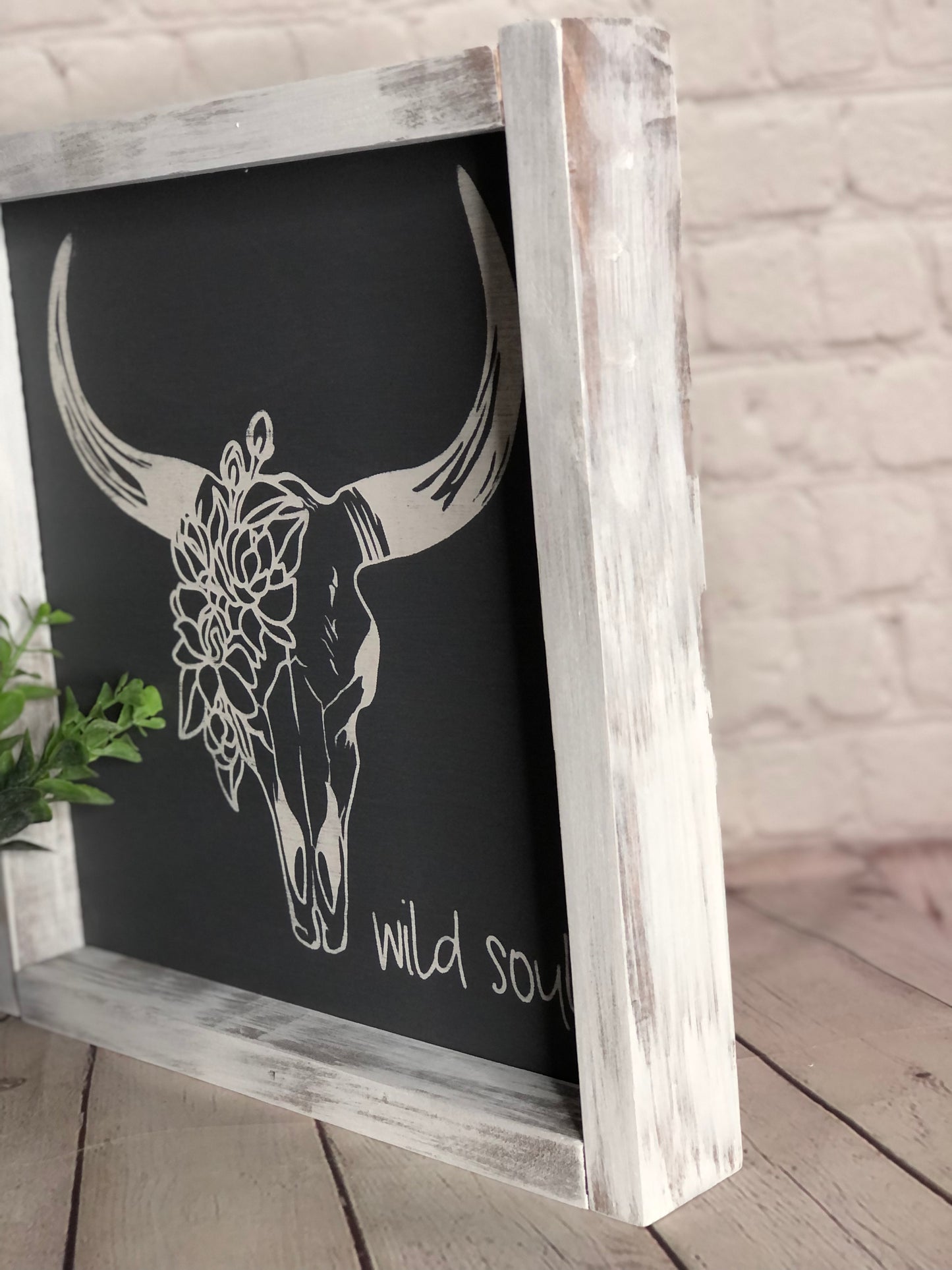 COW SKULL WITH FLOWERS WILD SOUL -FRAMED WOOD SIGN