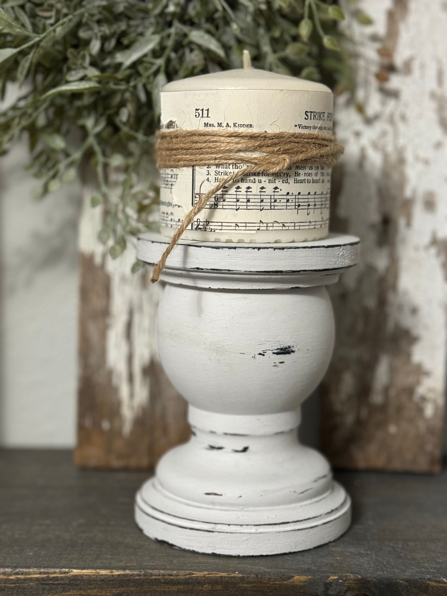 HANDMADE REPURPOSED WOOD CANDLE HOLDER  – UPCYCLED BED POST, TABLE LEG OR BANNISTER, DISTRESSED FINISH - INCLUDES HYMNAL WRAPPED PILLAR CANDLE