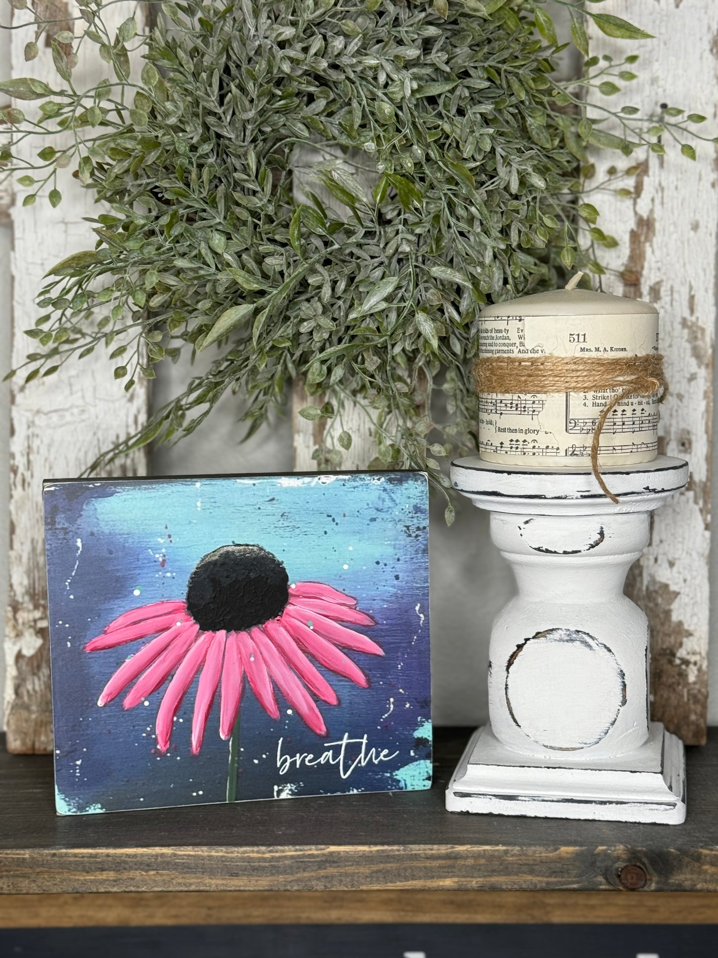 HAND PAINTED CONEFLOWER SIGN - MIXED MEDIA FLORAL PAINTING ON PRINTED BACKGROUND, UNIQUE FLOWER ARTWORK FOR SHELF OR MANTEL