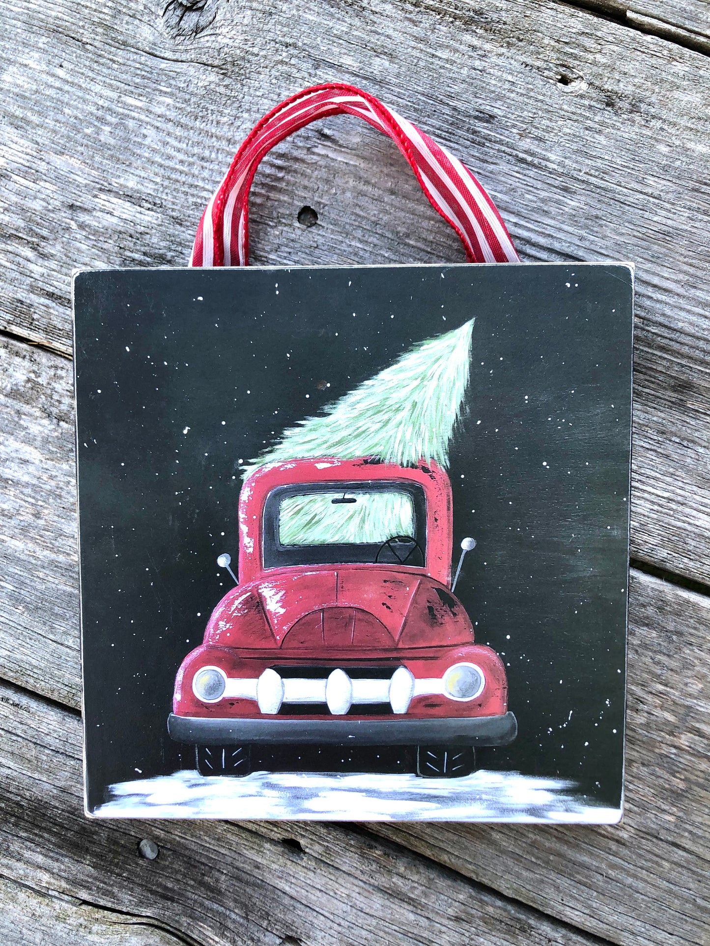 TRUCK -7.25 IN. RED TRUCK WITH CHRISTMAS TREE PRINT - DECOR