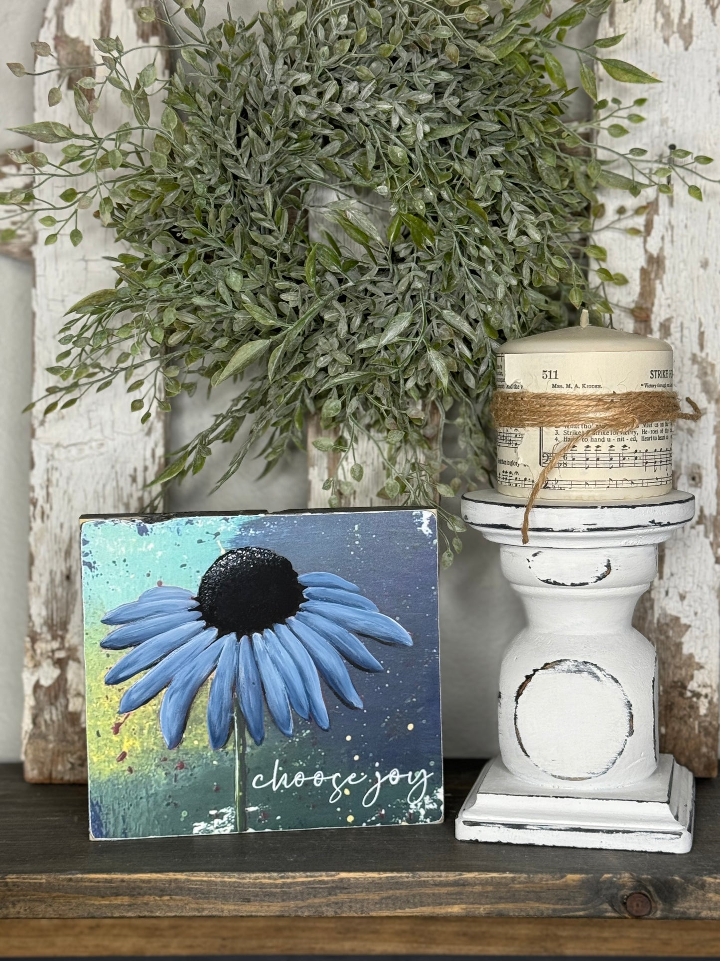 HAND PAINTED CONEFLOWER SIGN - MIXED MEDIA FLORAL PAINTING ON PRINTED BACKGROUND, UNIQUE FLOWER ARTWORK FOR SHELF OR MANTEL