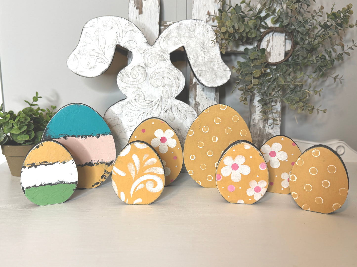 Hand-Painted Wooden Standing Easter Eggs – Unique Spring Decor, Tiered Tray & Easter Basket Filler
