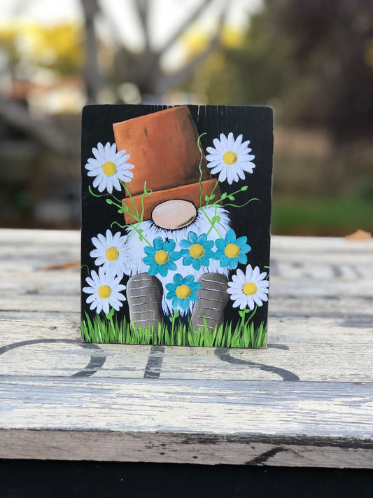DOUBLE SIDED PAINTED SNOW WITH GNOME PRINT - BLUE FLORAL AND WHITE DAISY FLORAL GNOME WITH POT HAT - WOOD SIGN