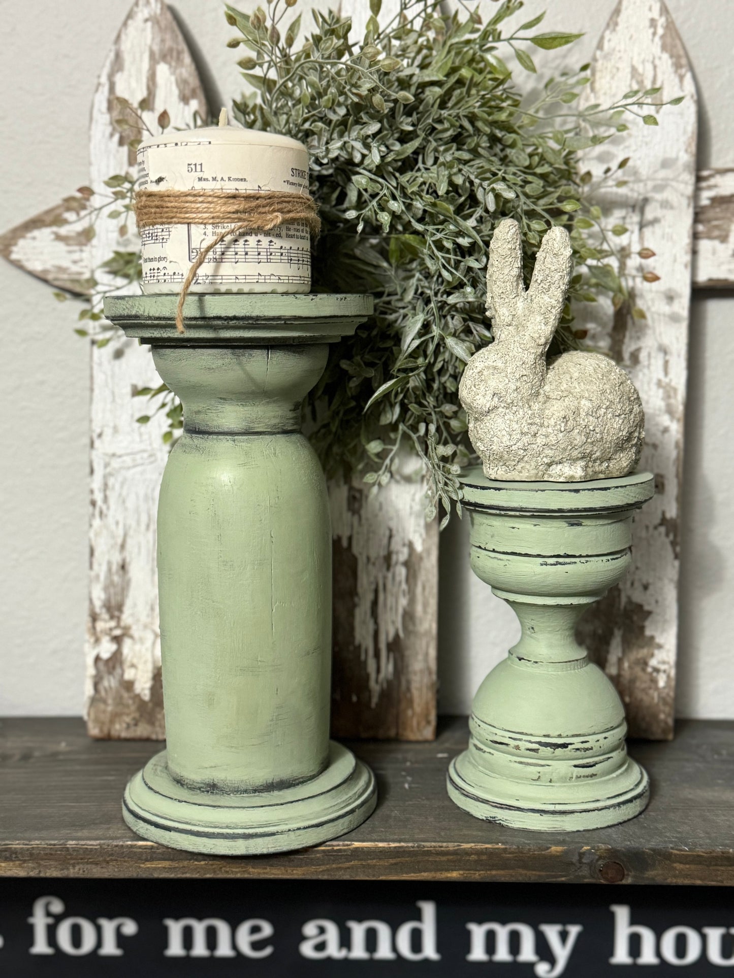 HANDMADE REPURPOSED WOOD CANDLE HOLDER  – UPCYCLED BED POST, TABLE LEG OR BANNISTER, DISTRESSED FINISH - INCLUDES HYMNAL WRAPPED PILLAR CANDLE