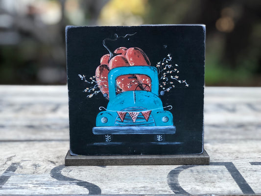 TRUCK -5.75 IN. TURQUOISE WITH PUMPKIN PRINT ON STAND - WOOD SIGN