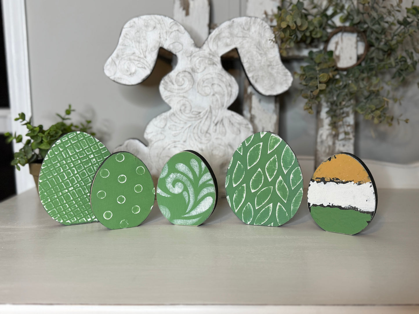 Hand-Painted Wooden Standing Easter Eggs – Unique Spring Decor, Tiered Tray & Easter Basket Filler