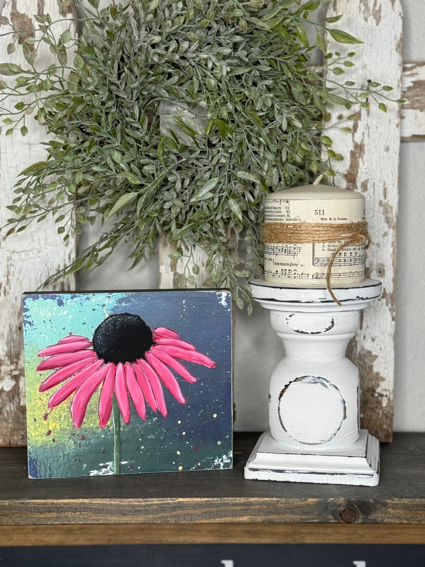 HAND PAINTED CONEFLOWER SIGN - MIXED MEDIA FLORAL PAINTING ON PRINTED BACKGROUND, UNIQUE FLOWER ARTWORK FOR SHELF OR MANTEL