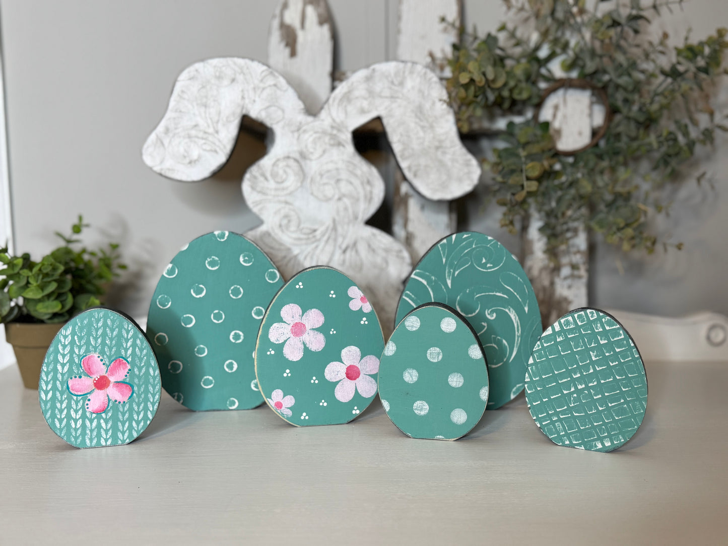 Hand-Painted Wooden Standing Easter Eggs – Unique Spring Decor, Tiered Tray & Easter Basket Filler