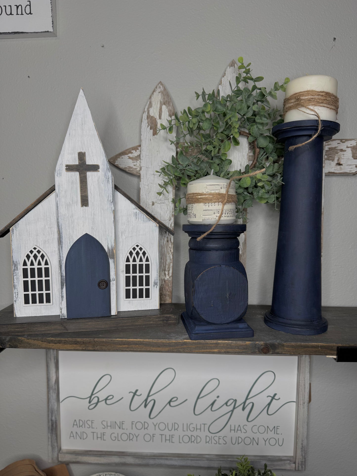 HANDMADE REPURPOSED WOOD CANDLE HOLDER  – UPCYCLED BED POST, TABLE LEG OR BANNISTER, DISTRESSED FINISH - INCLUDES HYMNAL WRAPPED PILLAR CANDLE