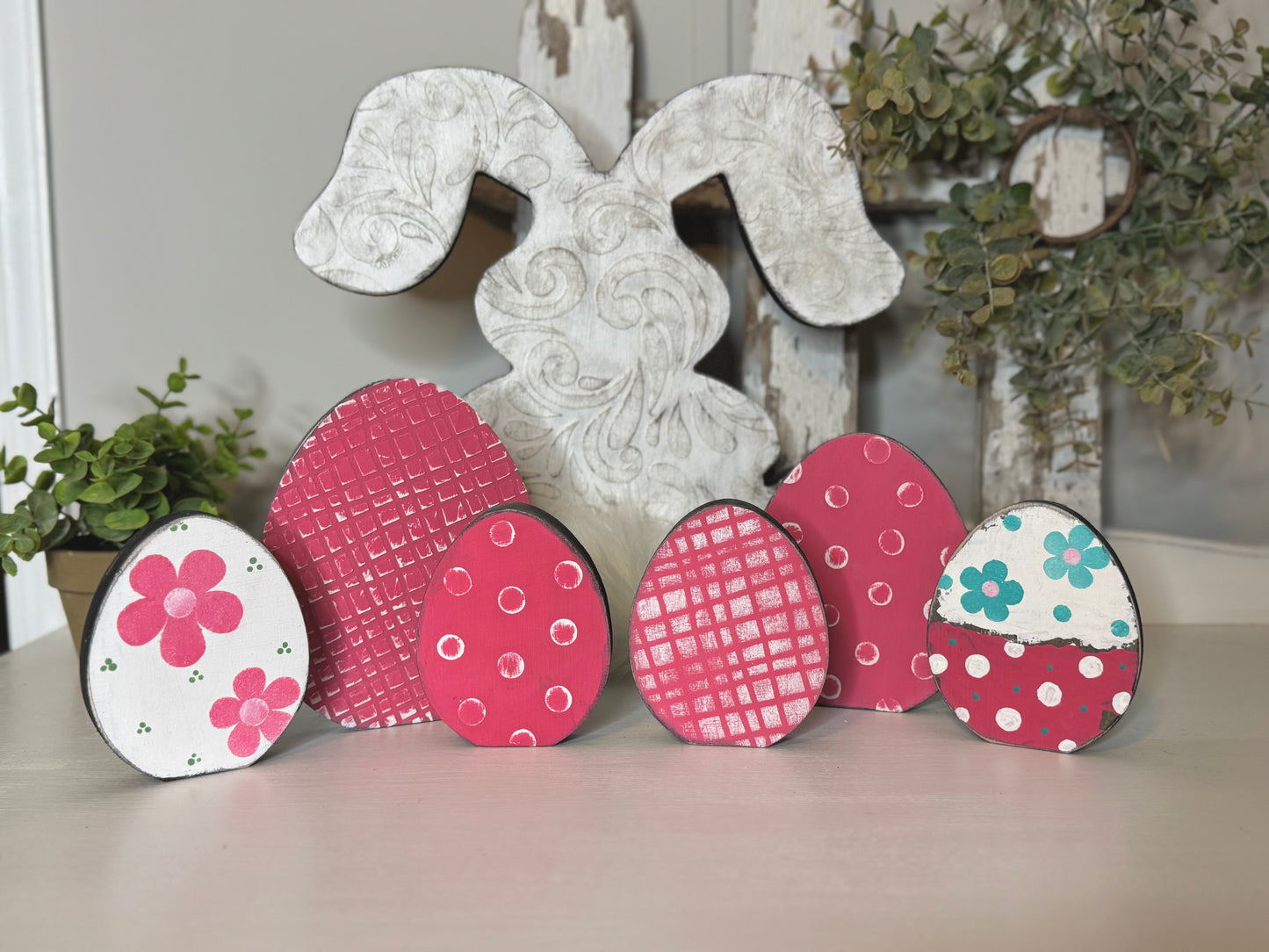 Hand-Painted Wooden Standing Easter Eggs – Unique Spring Decor, Tiered Tray & Easter Basket Filler